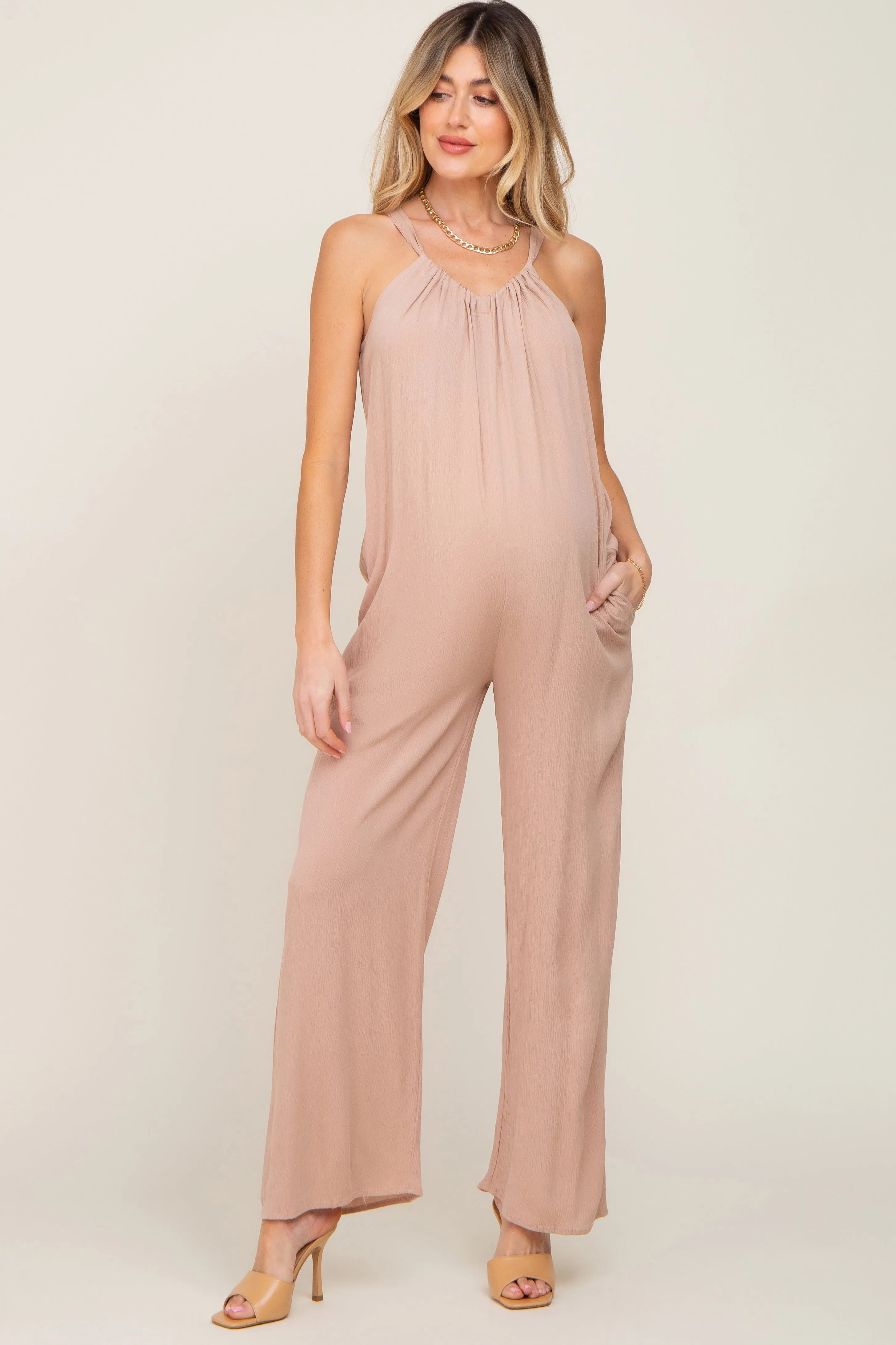 Taupe Halter Neck Maternity Jumpsuit sold by Pinkblush