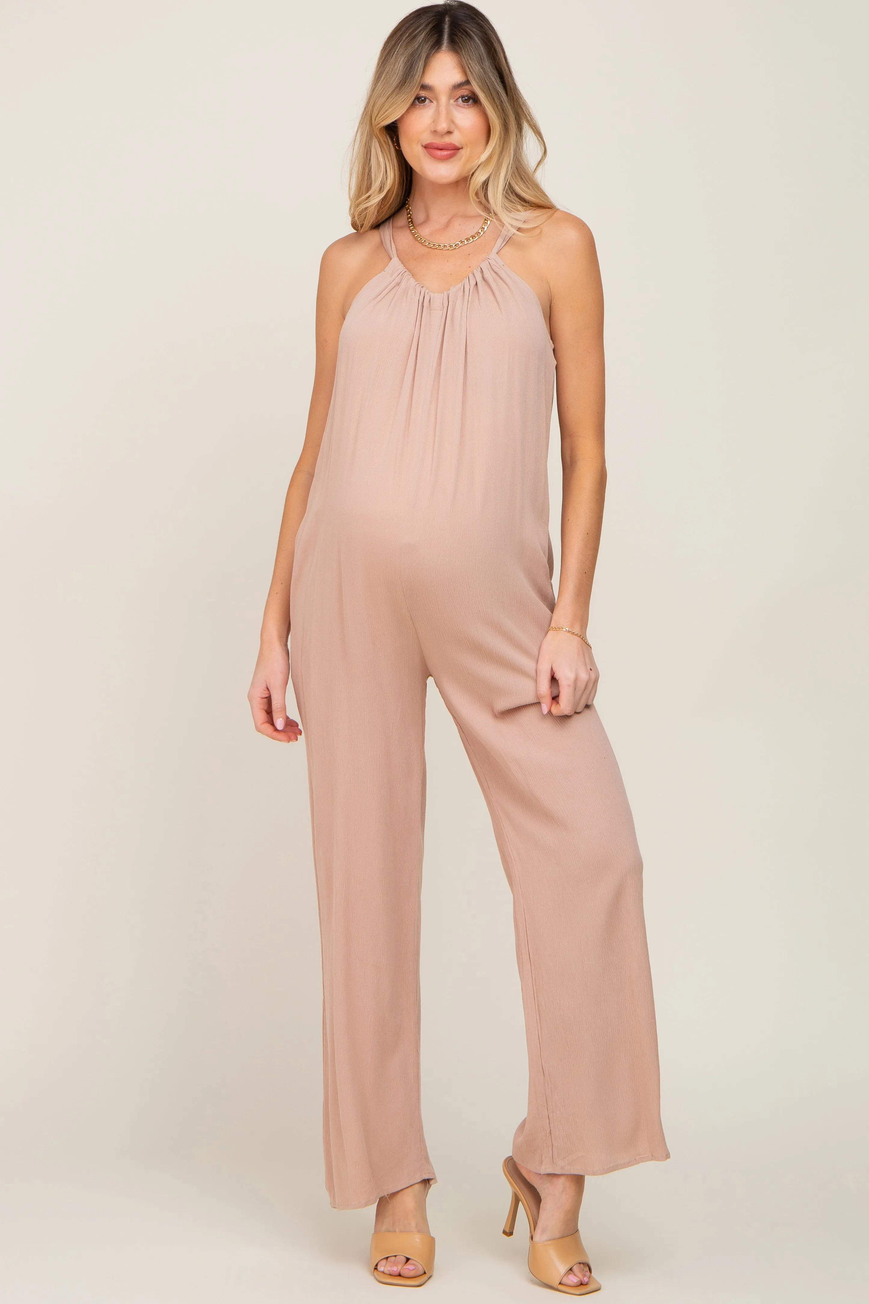 Taupe Halter Neck Maternity Jumpsuit sold by Pinkblush product image thumbnail 5