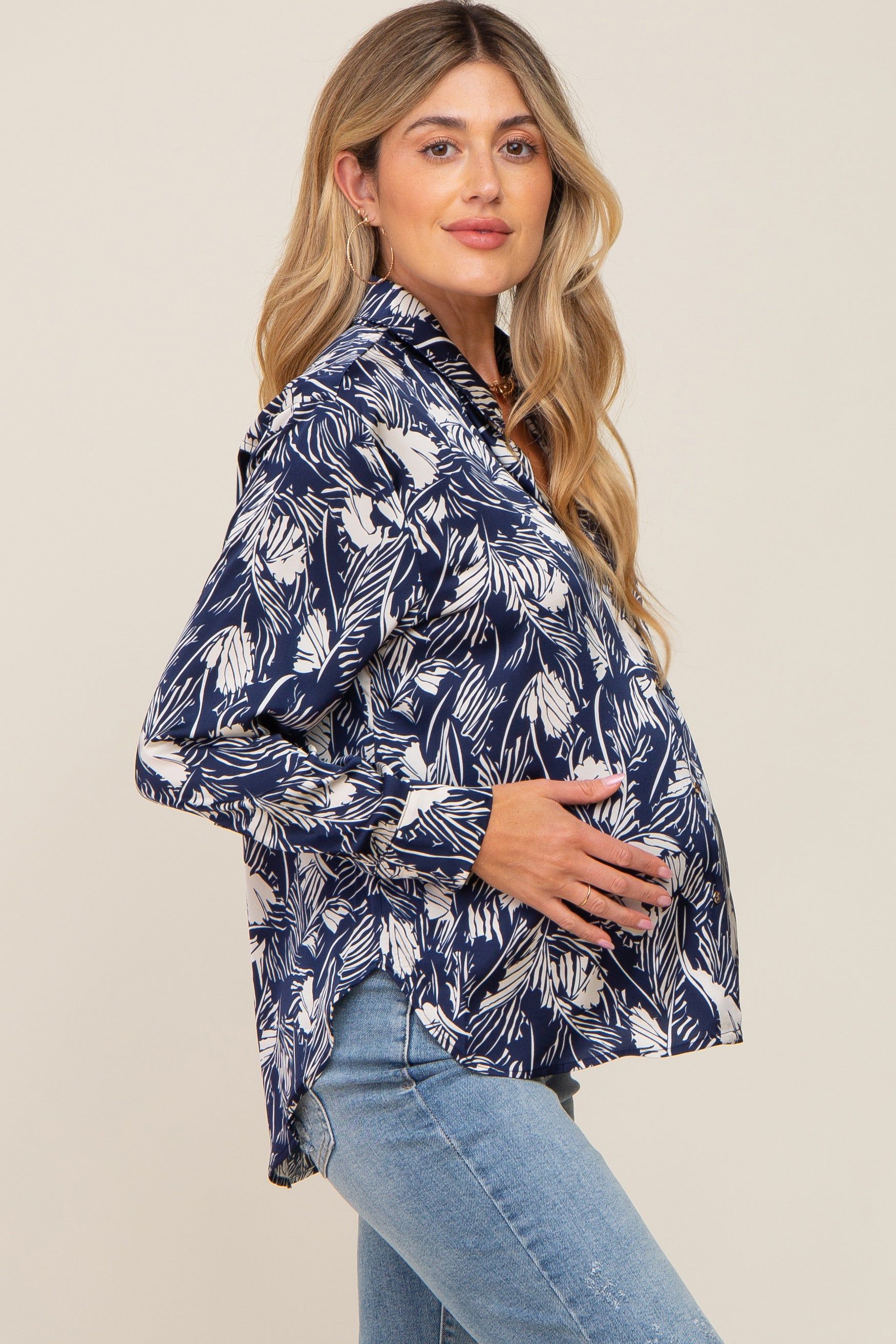 Navy Leaf Print Satin Button Up Maternity Blouse sold by Pinkblush product image thumbnail 2