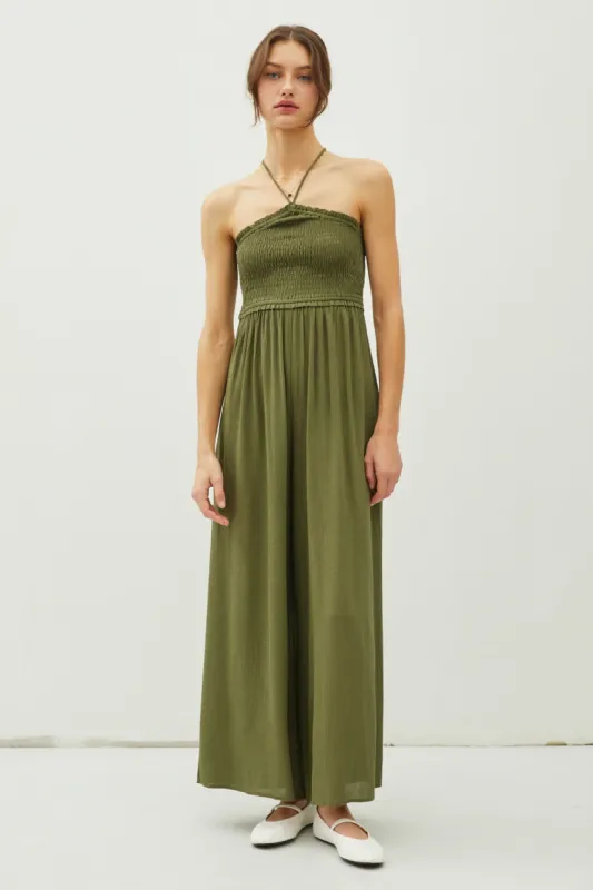 Olive Back Cutout Smocked Halter Wide Leg Jumpsuit sold by Pinkblush