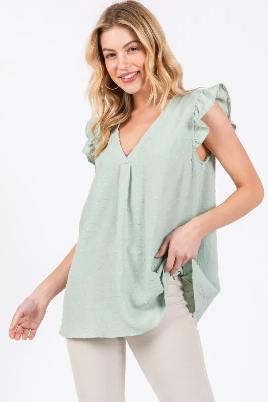 Mint Swiss Dot Flutter Sleeve V-Neck Top sold by Pinkblush