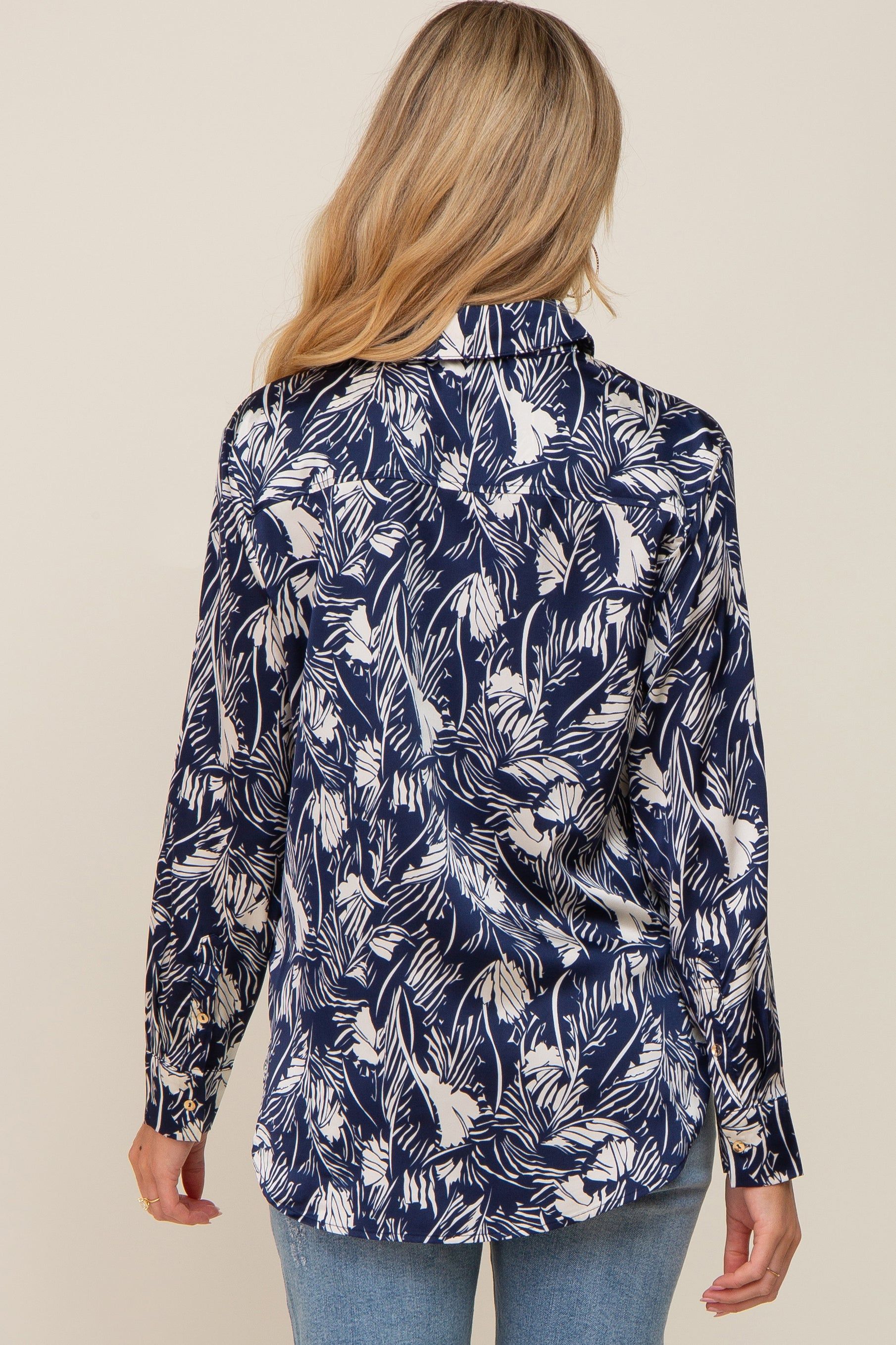Navy Leaf Print Satin Button Up Maternity Blouse sold by Pinkblush product image thumbnail 3