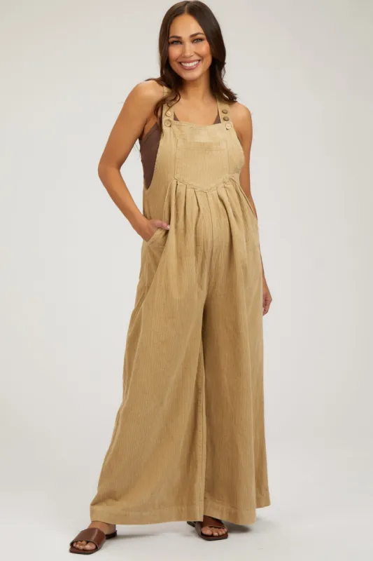 Beige Corduroy Front Pleated Wide Leg Maternity Overalls sold by Pinkblush