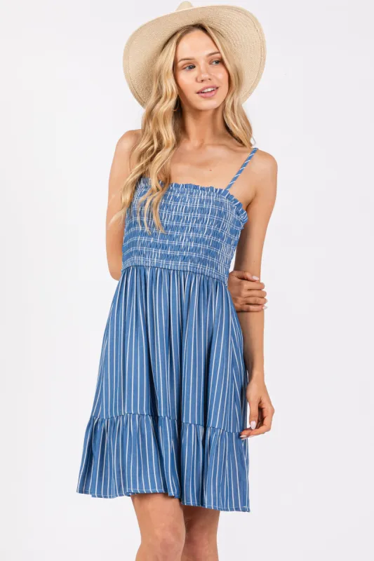 Blue Striped Ruffle Trim Dress sold by Pinkblush