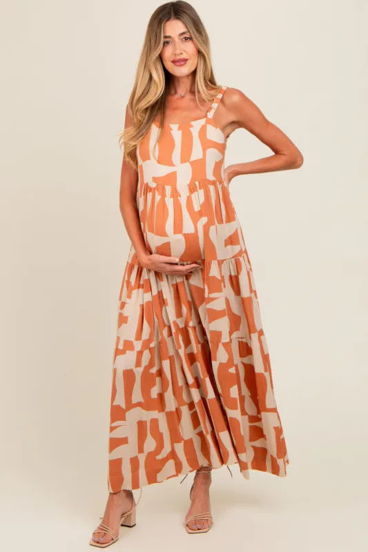 Camel Printed Tiered Maternity Maxi Dress sold by Pinkblush