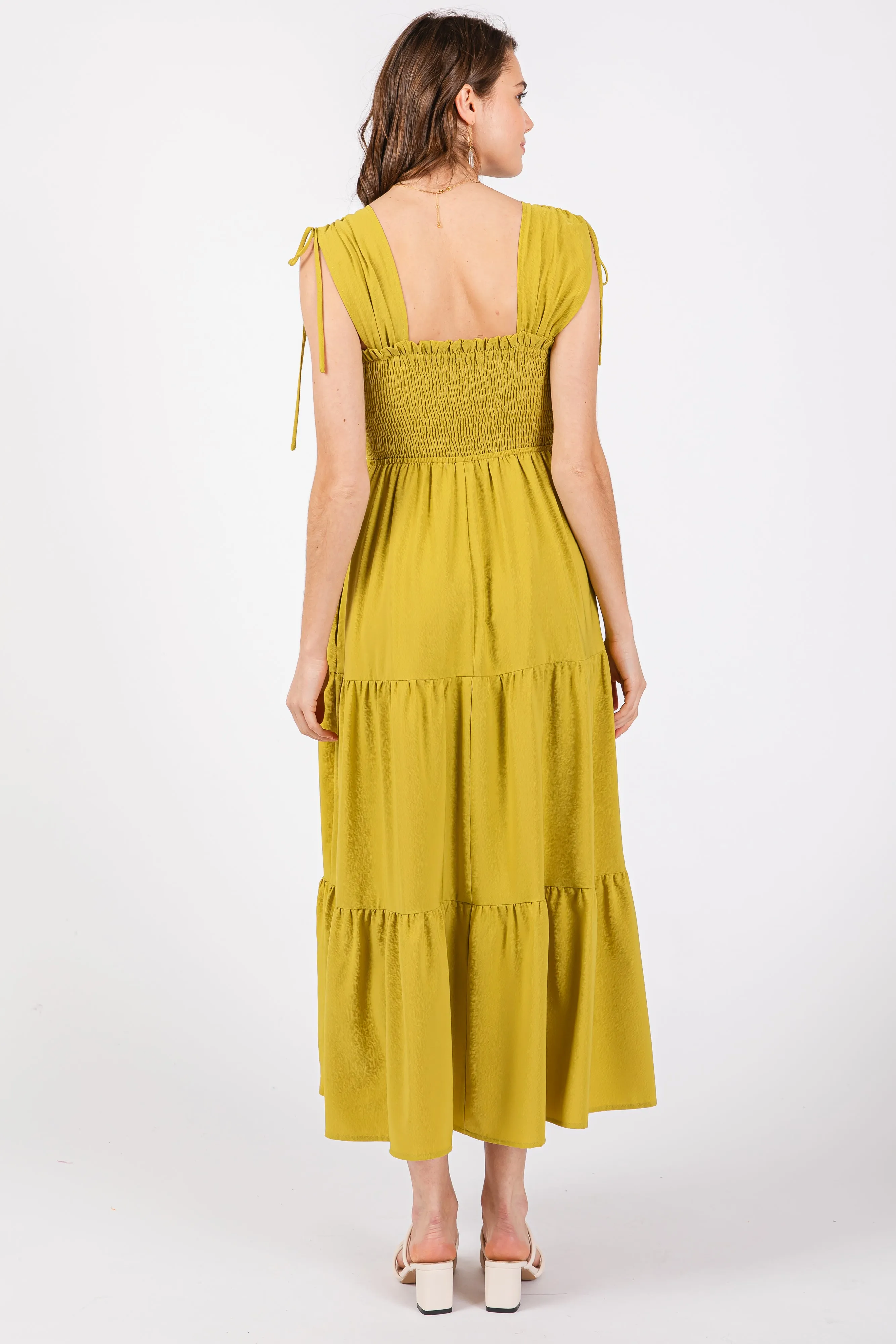 Light Olive Smocked Sleeveless Drawstring Shoulder Tiered Midi Dress sold by Pinkblush product image thumbnail 3