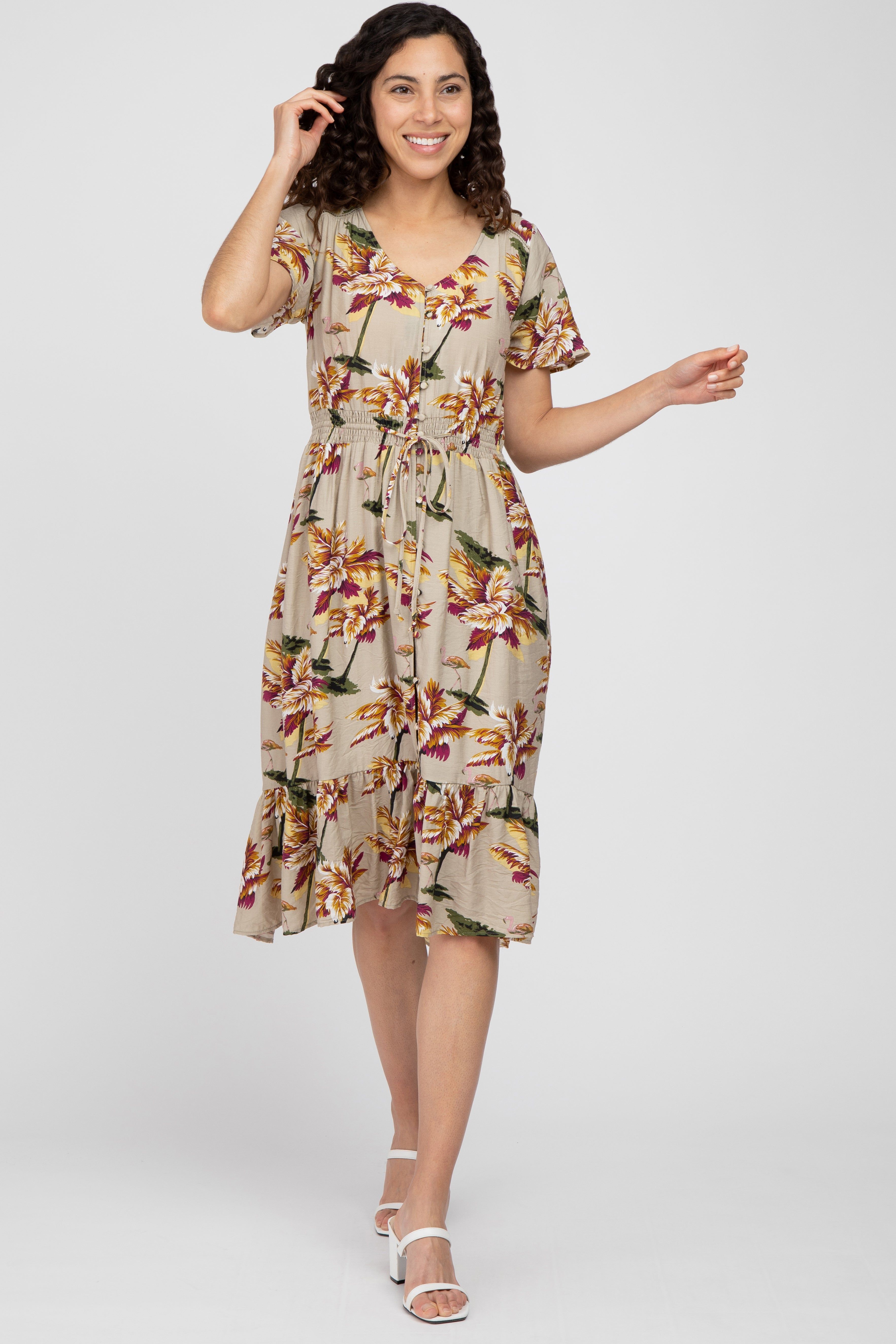 Beige Floral Button Maternity Midi Dress sold by Pinkblush product image thumbnail 5
