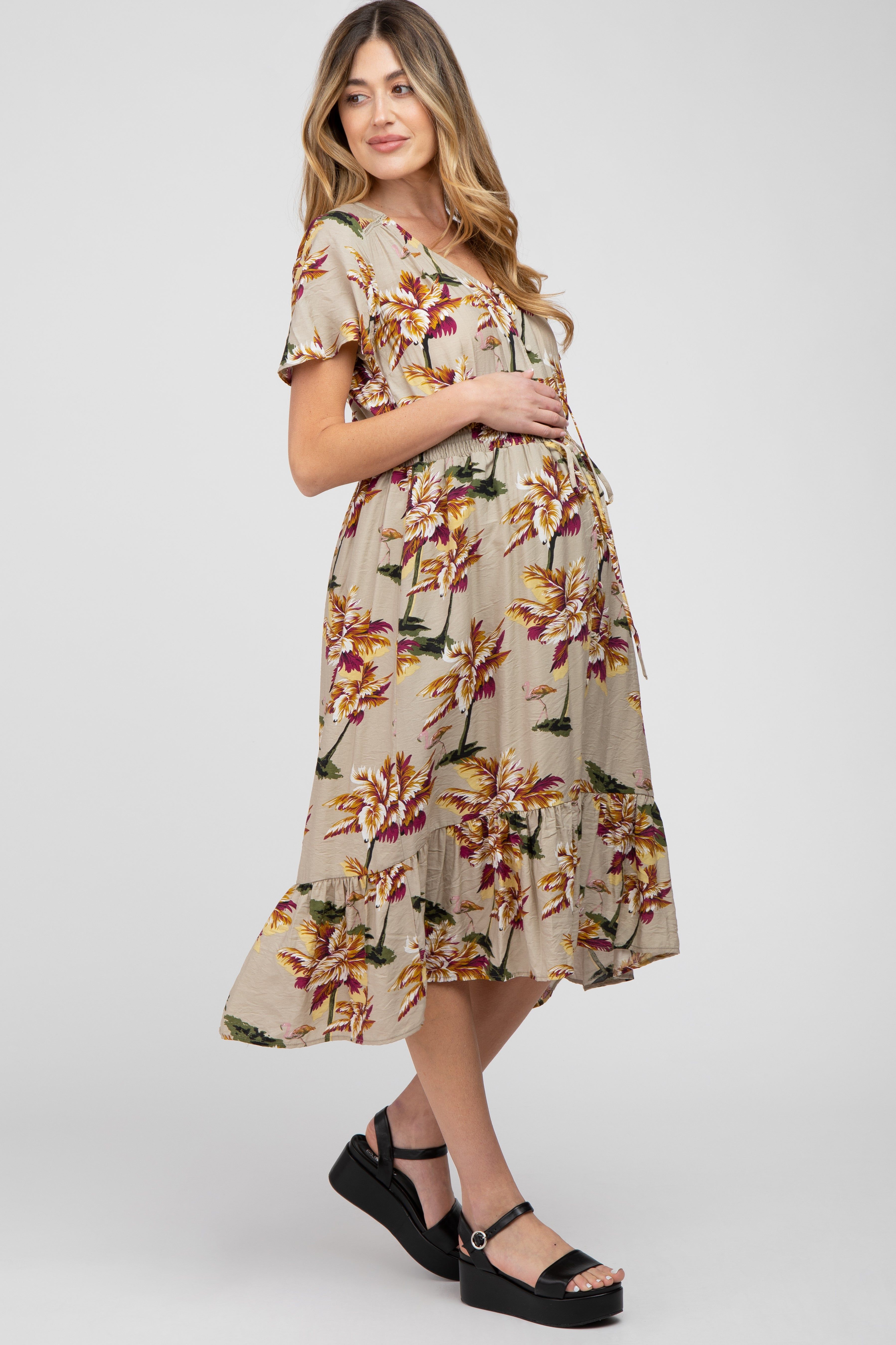 Beige Floral Button Maternity Midi Dress sold by Pinkblush product image thumbnail 2