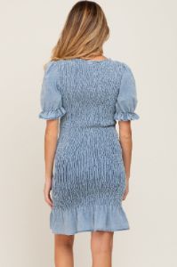 Light Blue Smocked Puff Sleeve Maternity Dress sold by Pinkblush
