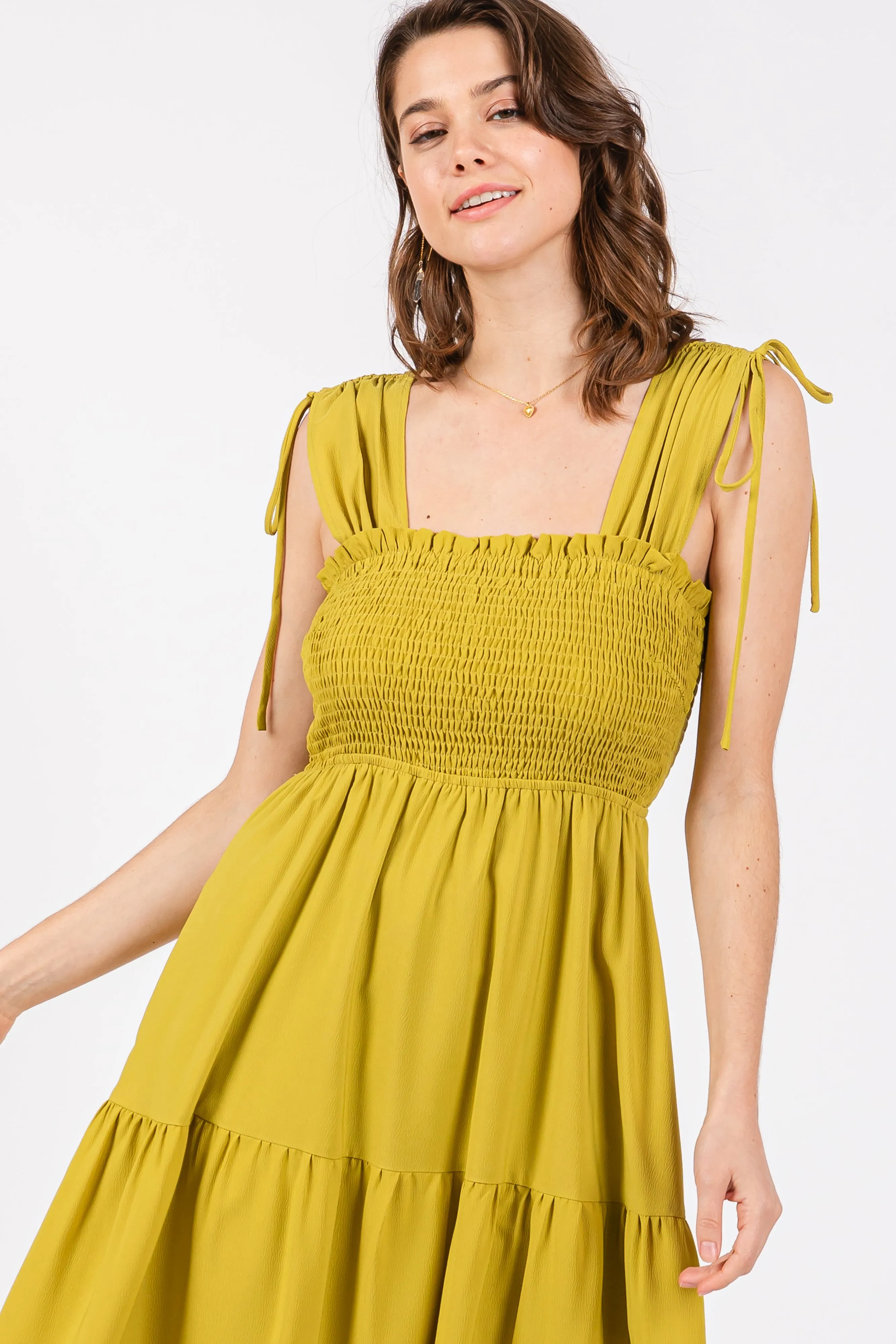 Light Olive Smocked Sleeveless Drawstring Shoulder Tiered Midi Dress sold by Pinkblush product image thumbnail 4