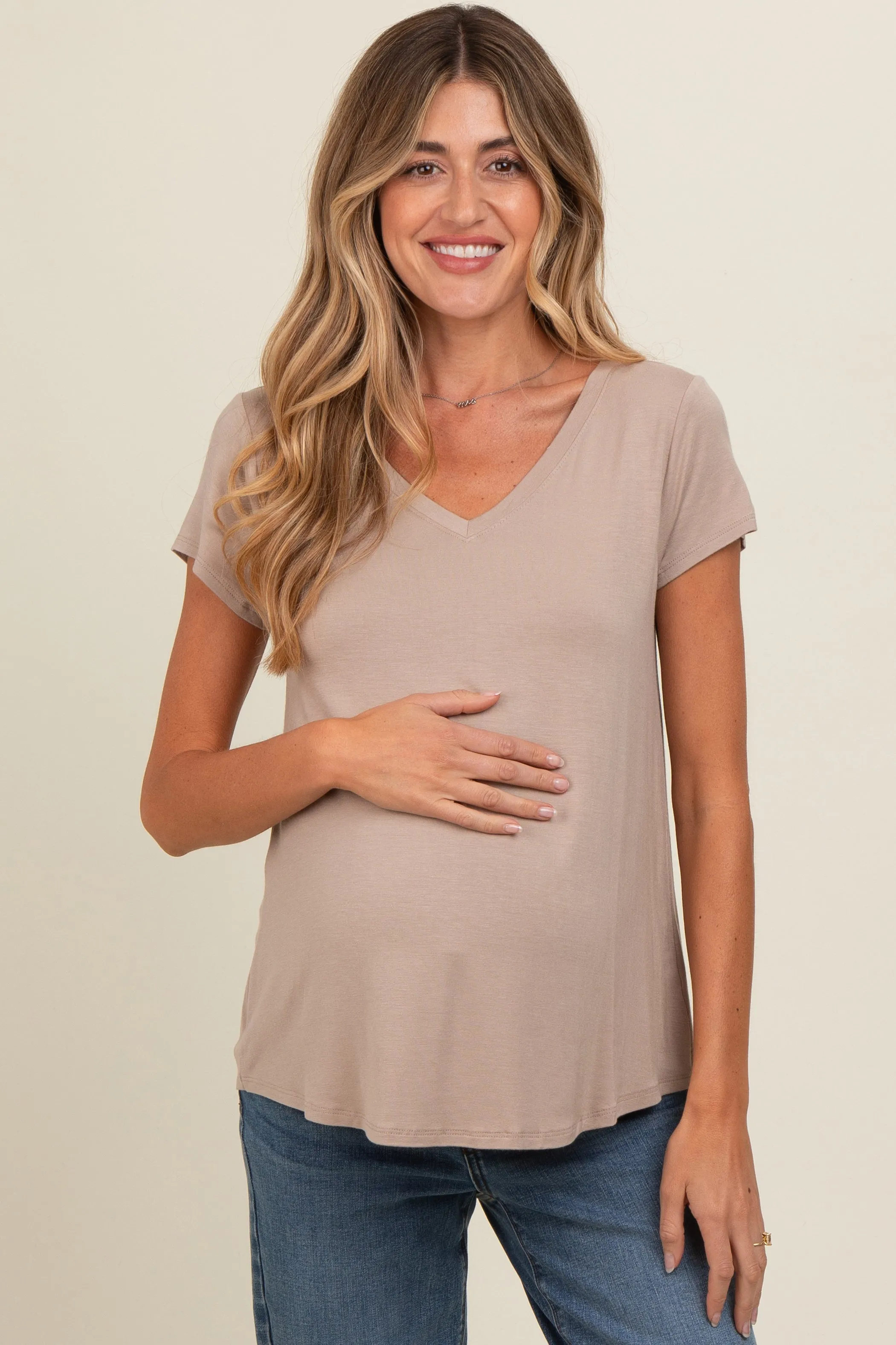Mocha Basic V-Neck Short Sleeve Maternity Top sold by Pinkblush