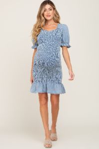 Light Blue Smocked Puff Sleeve Maternity Dress sold by Pinkblush