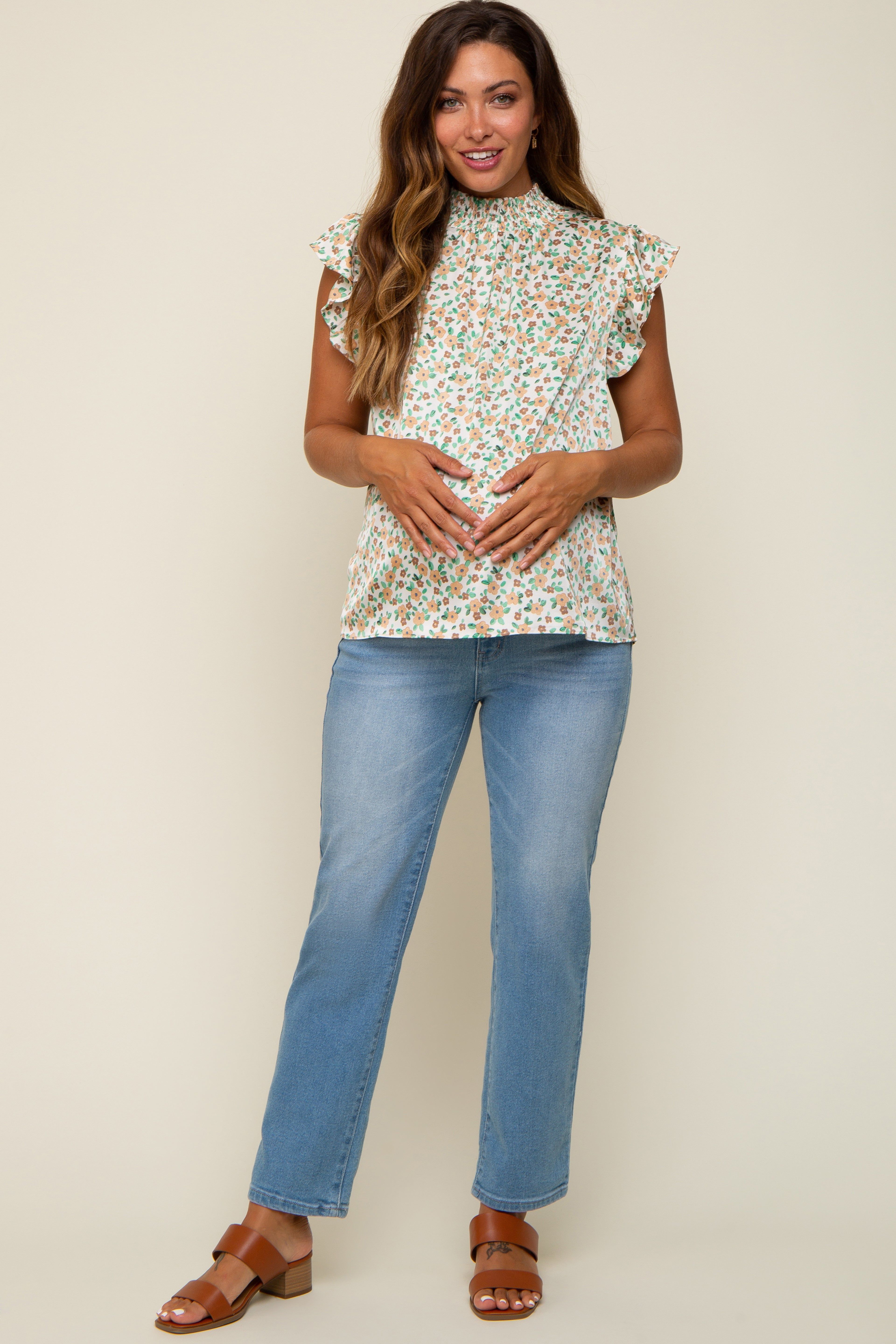 Beige Floral Satin Smocked Neck Maternity Blouse sold by Pinkblush product image thumbnail 5