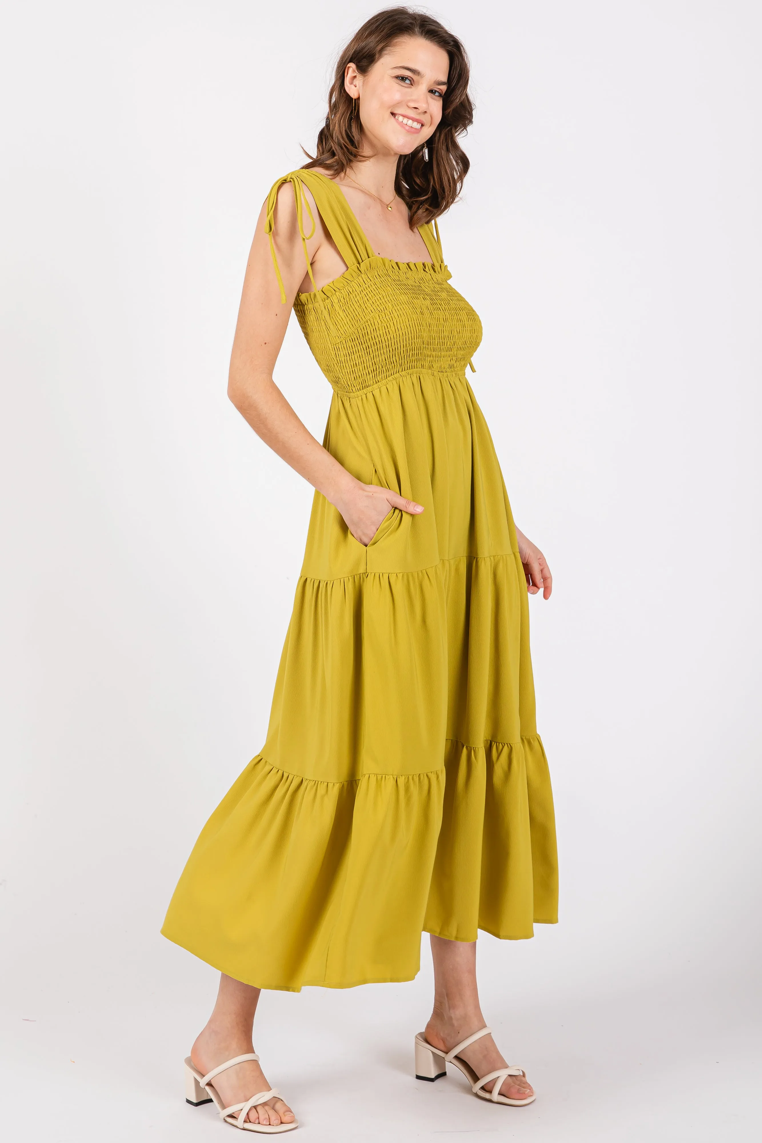 Light Olive Smocked Sleeveless Drawstring Shoulder Tiered Midi Dress sold by Pinkblush product image thumbnail 2