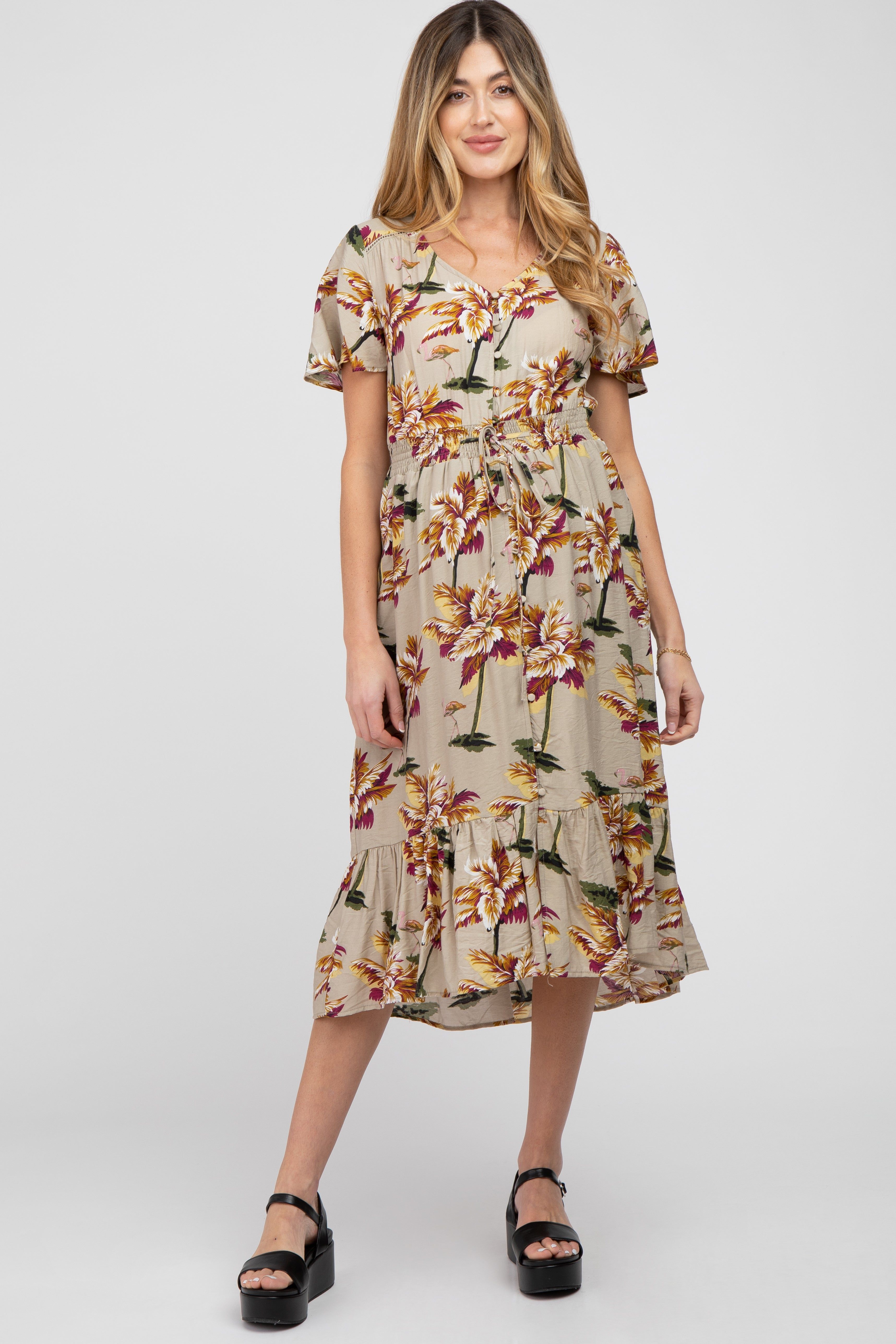 Beige Floral Button Maternity Midi Dress sold by Pinkblush product image thumbnail 4