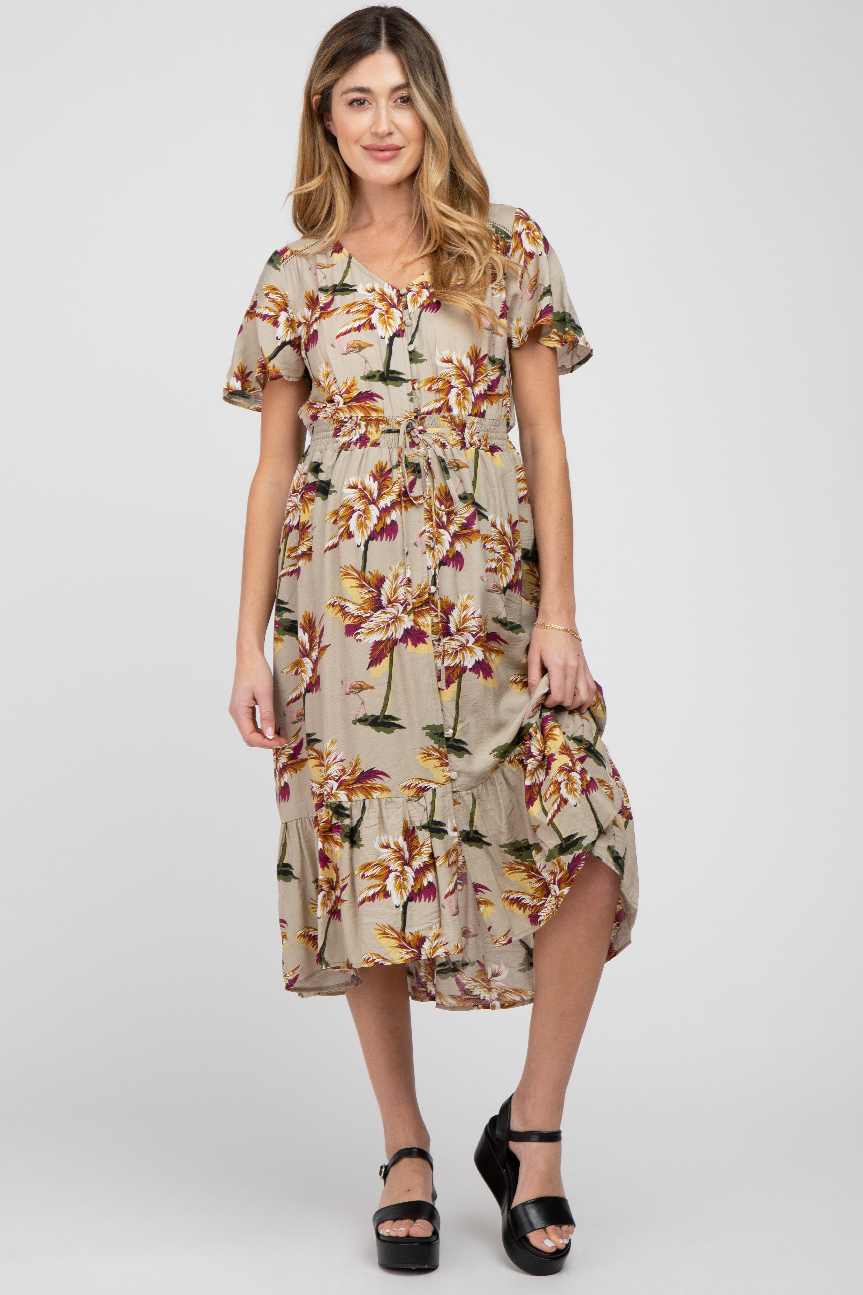 Beige Floral Button Maternity Midi Dress sold by Pinkblush