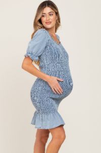 Light Blue Smocked Puff Sleeve Maternity Dress sold by Pinkblush
