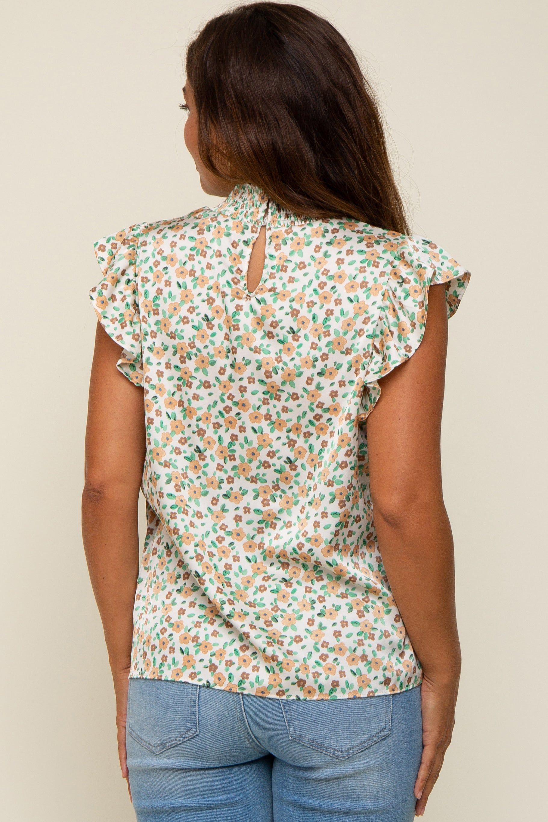 Beige Floral Satin Smocked Neck Maternity Blouse sold by Pinkblush product image thumbnail 3