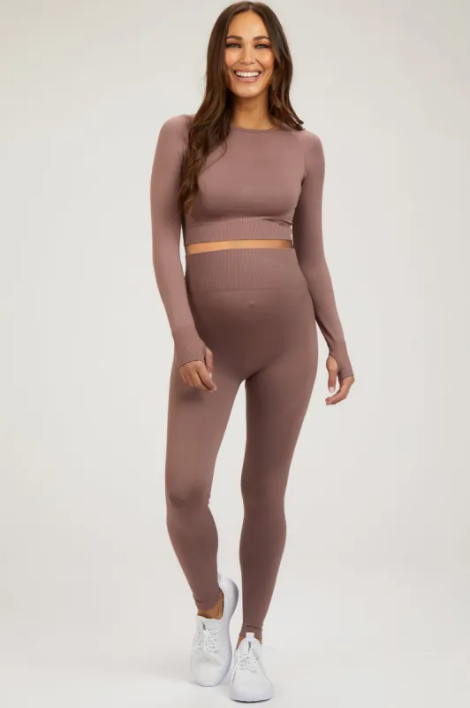 Taupe Cropped Long Sleeve Maternity Active Set sold by Pinkblush