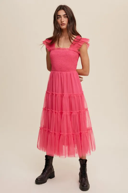 Hot Pink Smocked Ruffle Tiered Mesh Midi Dress sold by Pinkblush