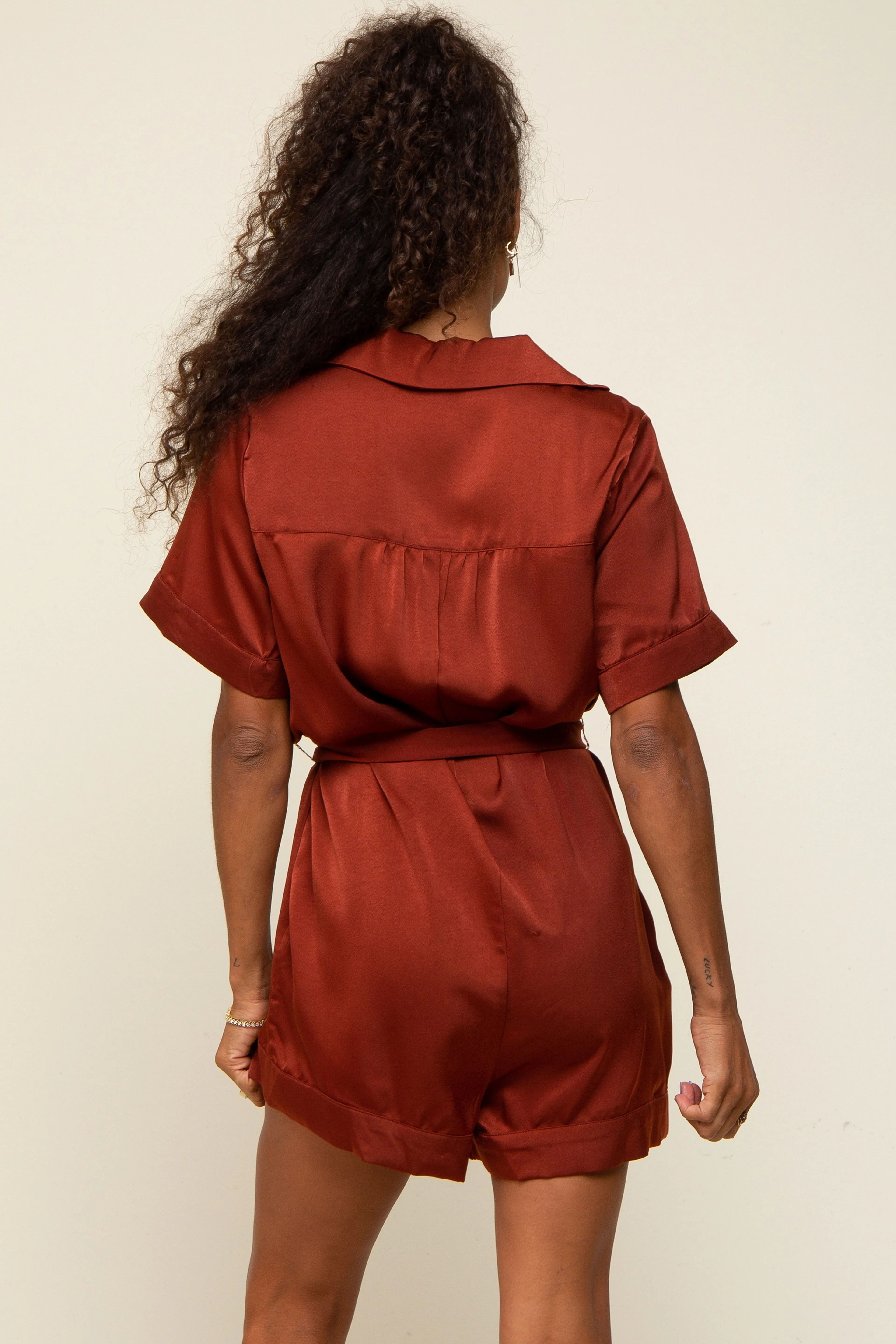 Rust Satin Button Down Romper sold by Pinkblush product image thumbnail 3