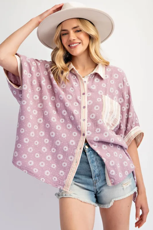Lavender Floral Contrast Print Button Down Top sold by Pinkblush
