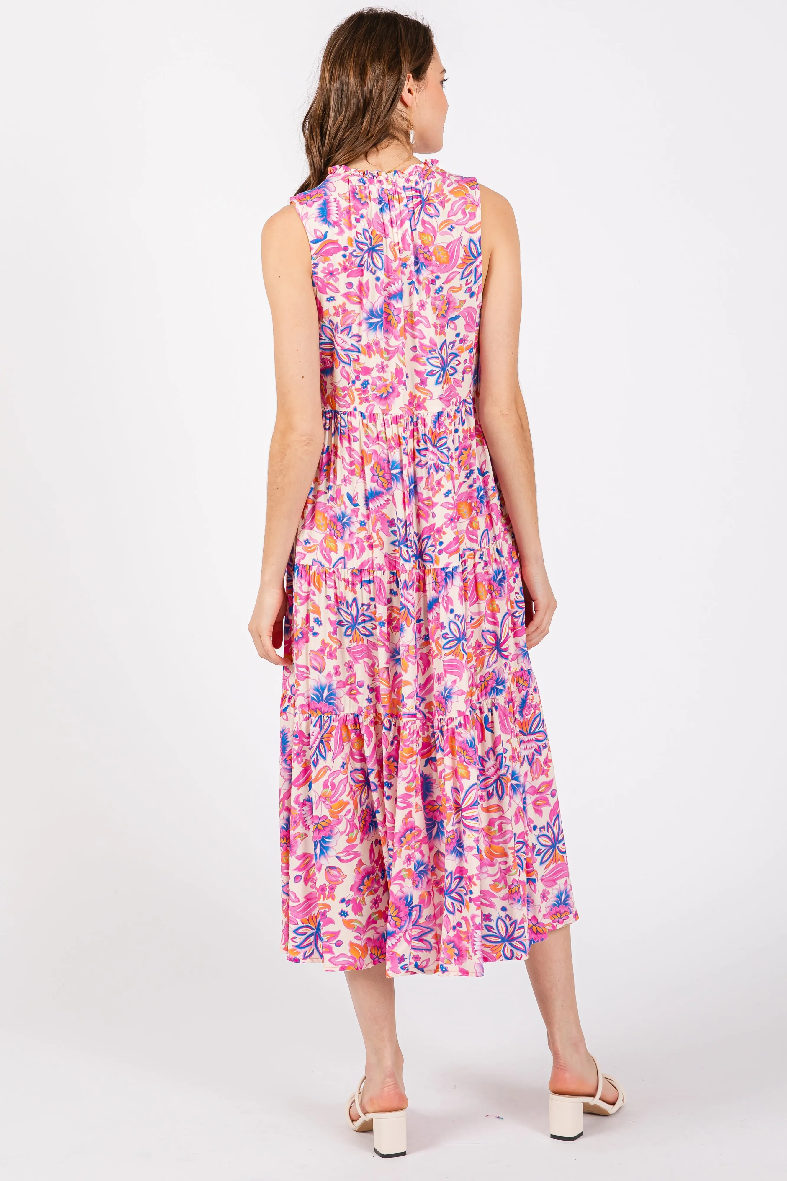 Magenta Floral Ruffle Mock Neck Tiered Sleeveless Midi Dress sold by Pinkblush product image thumbnail 3