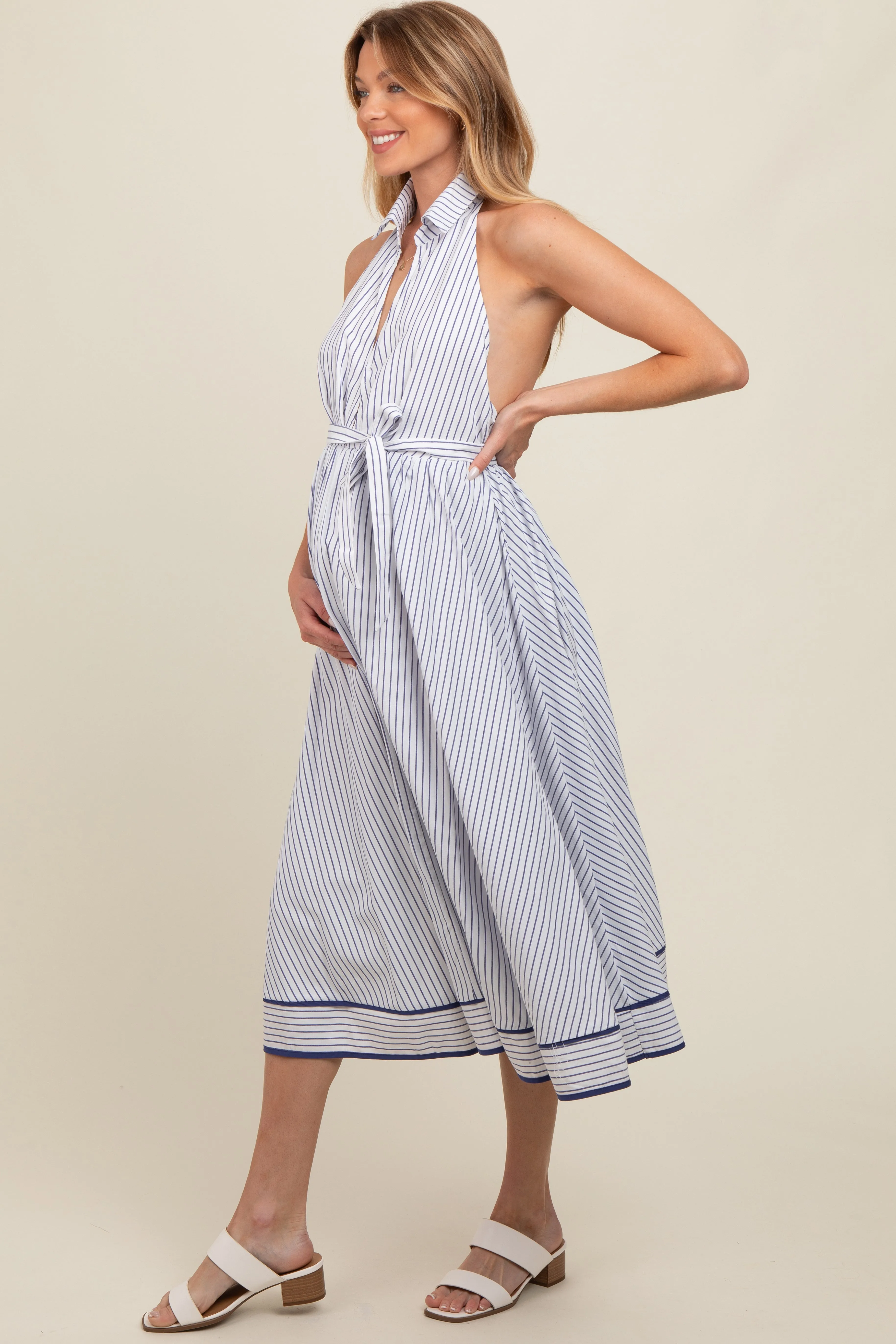 White Striped Halter Maternity Midi Shirt Dress sold by Pinkblush product image thumbnail 2