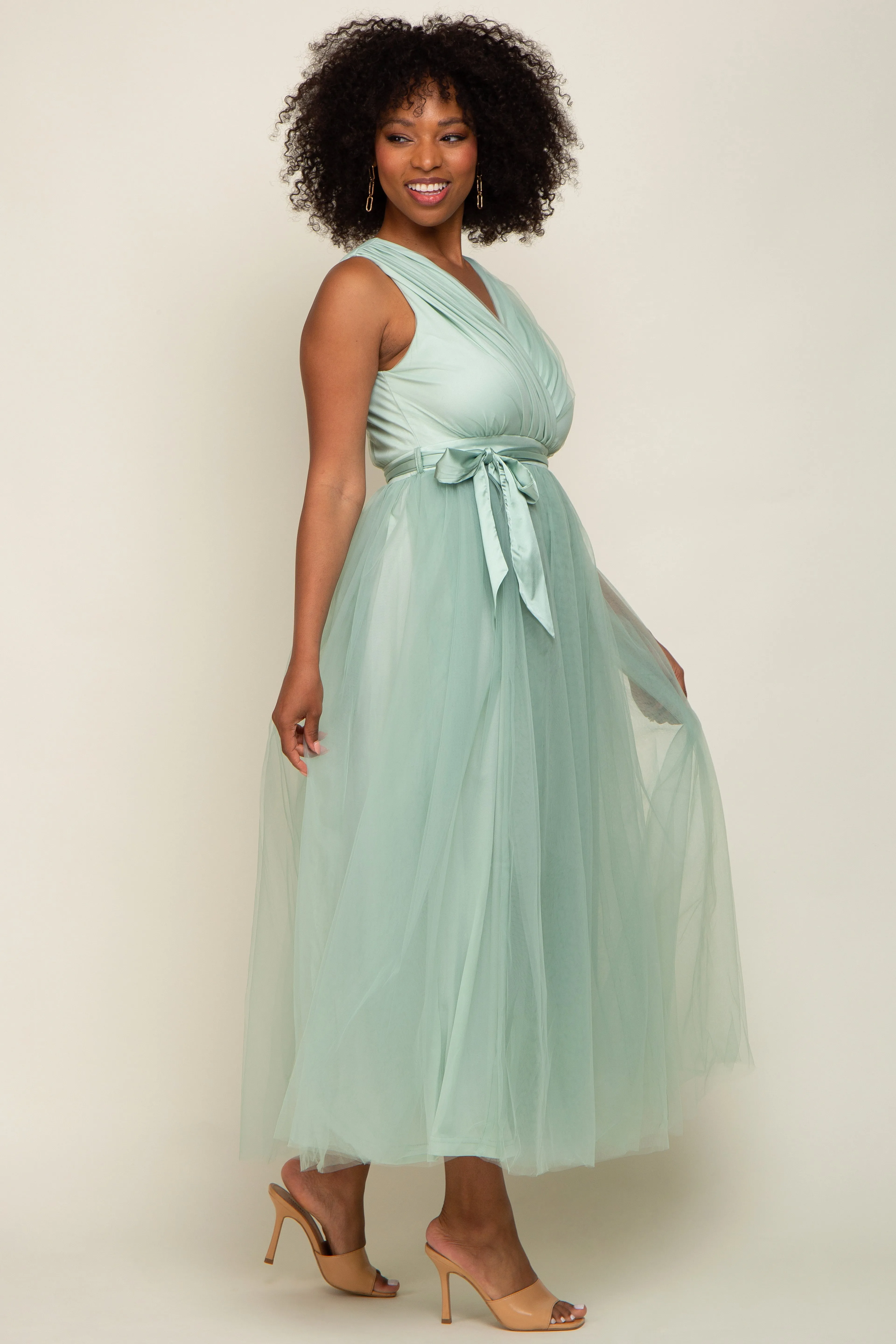 Mint Green Wrap V-Neck Waist Tie Tulle Midi Dress sold by Pinkblush product image thumbnail 3