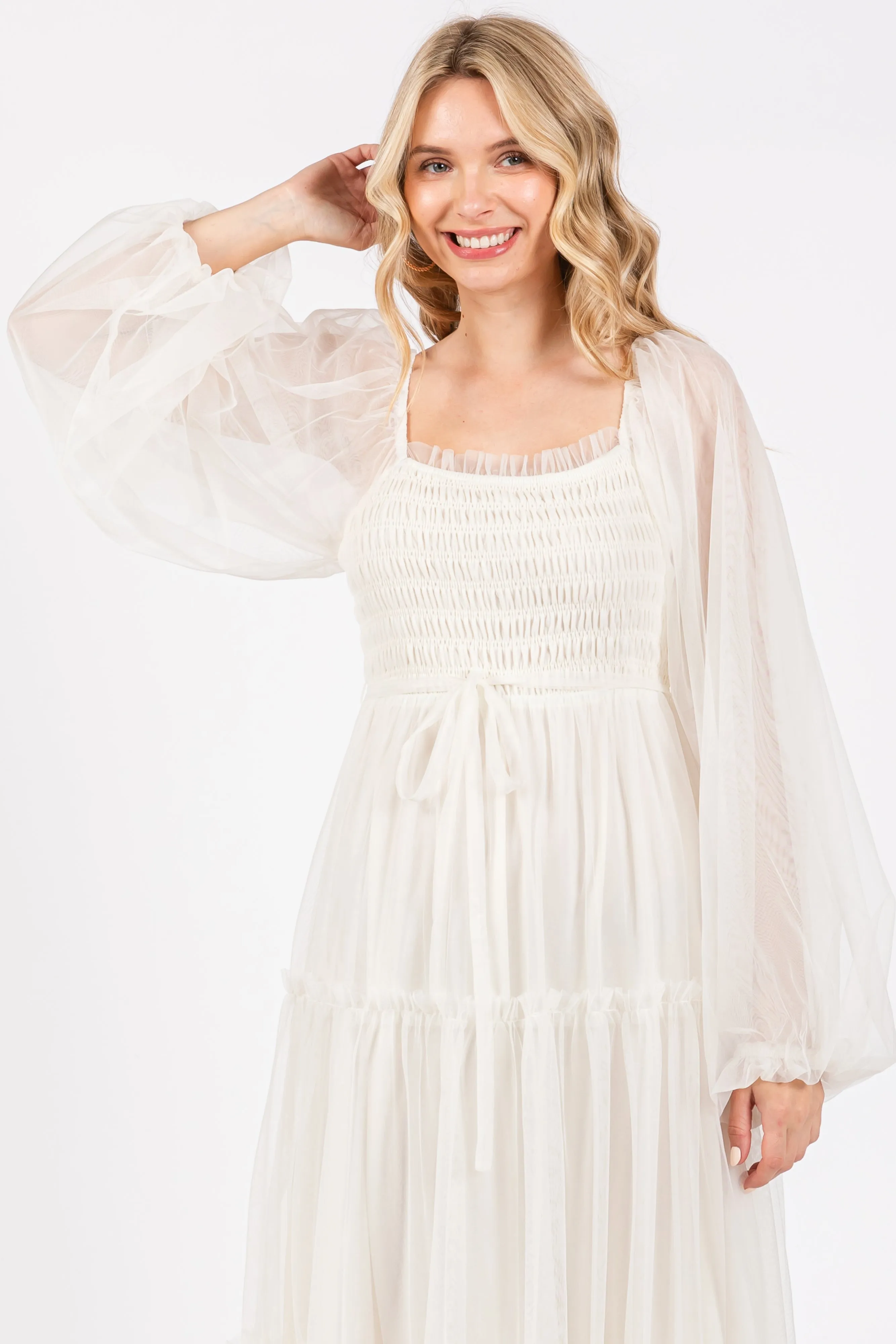 Cream Mesh Tiered Long Sleeve Maxi Dress sold by Pinkblush product image thumbnail 4