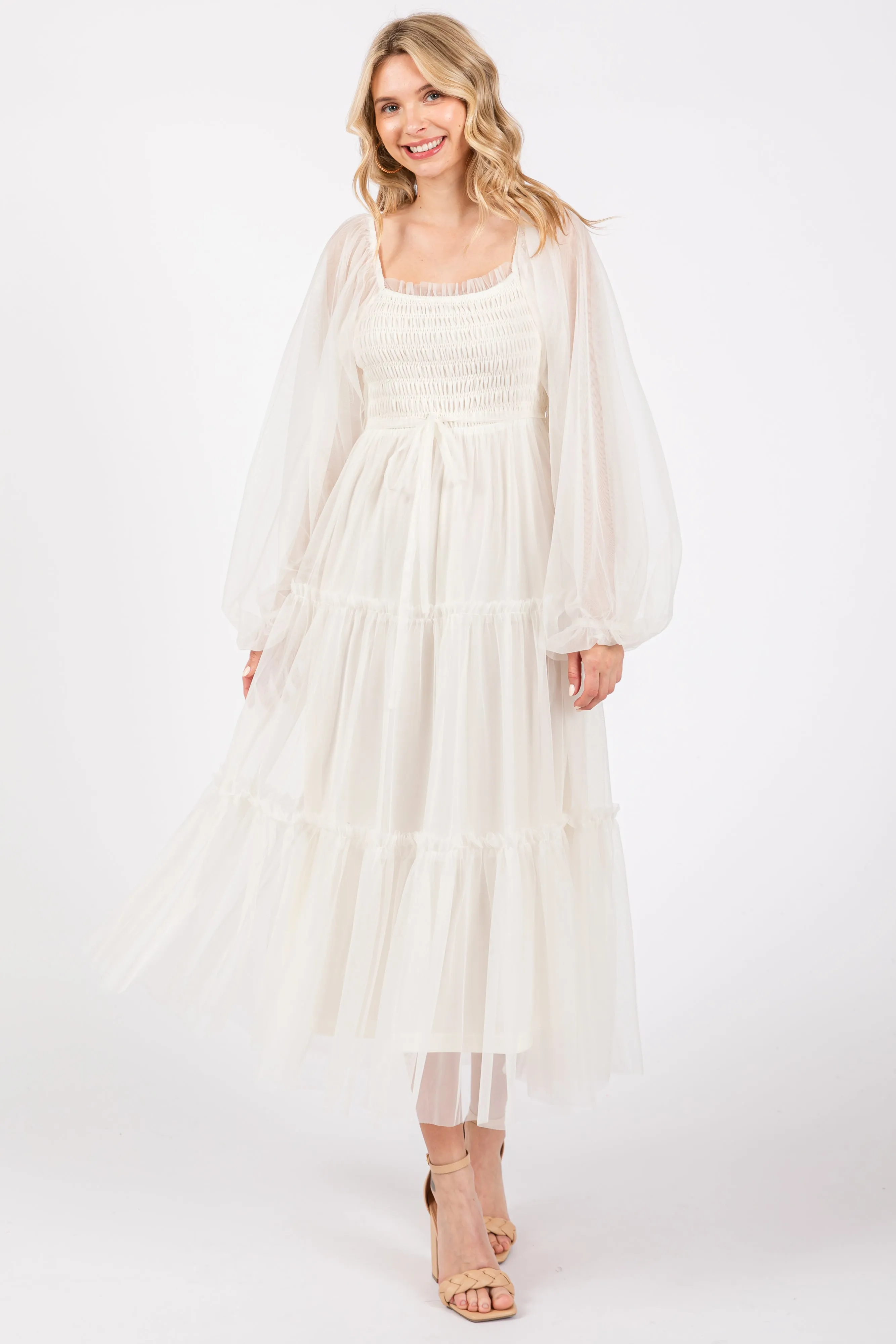 Cream Mesh Tiered Long Sleeve Maxi Dress sold by Pinkblush