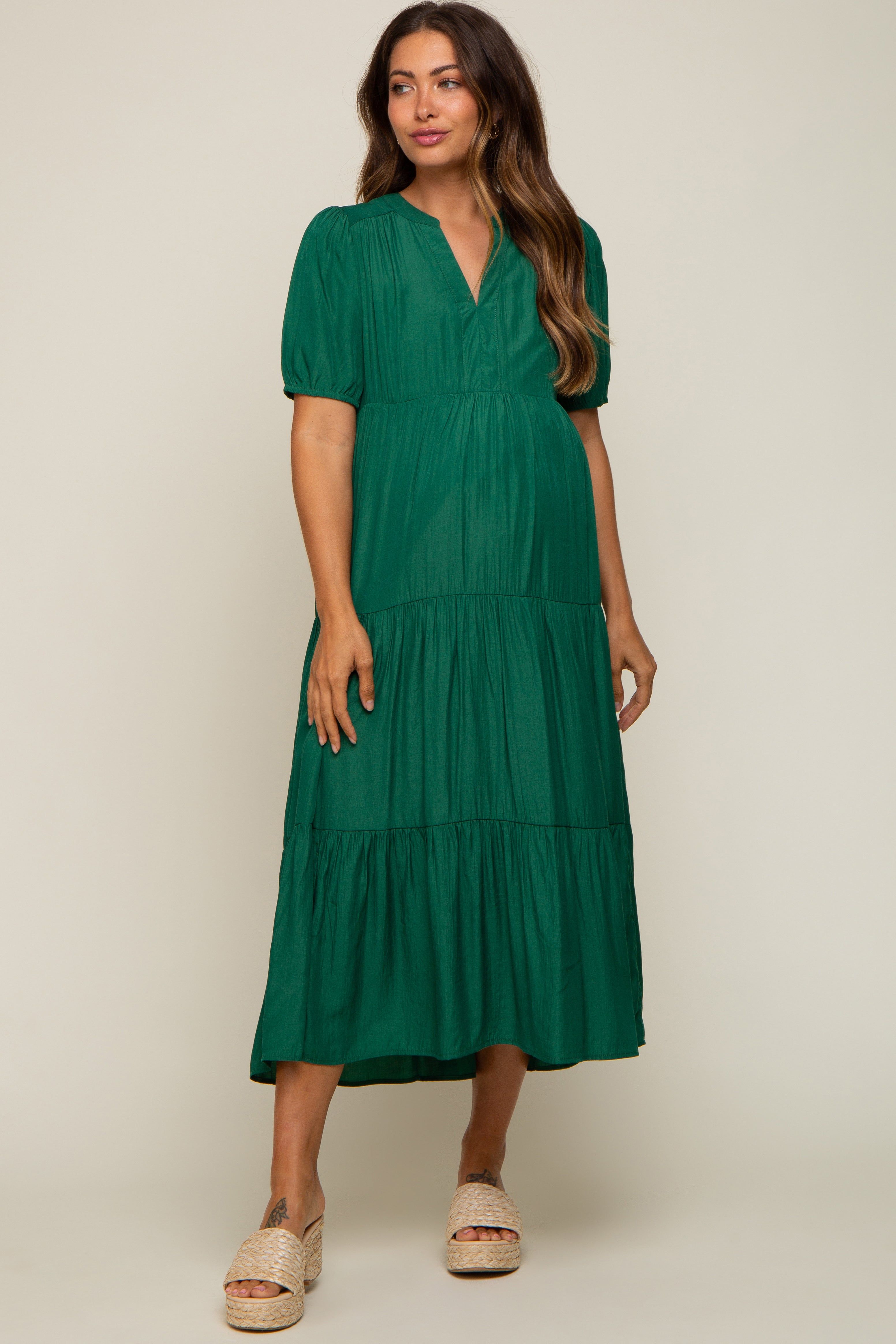 Green Tiered V-Neck Maternity Midi Dress sold by Pinkblush product image thumbnail 4