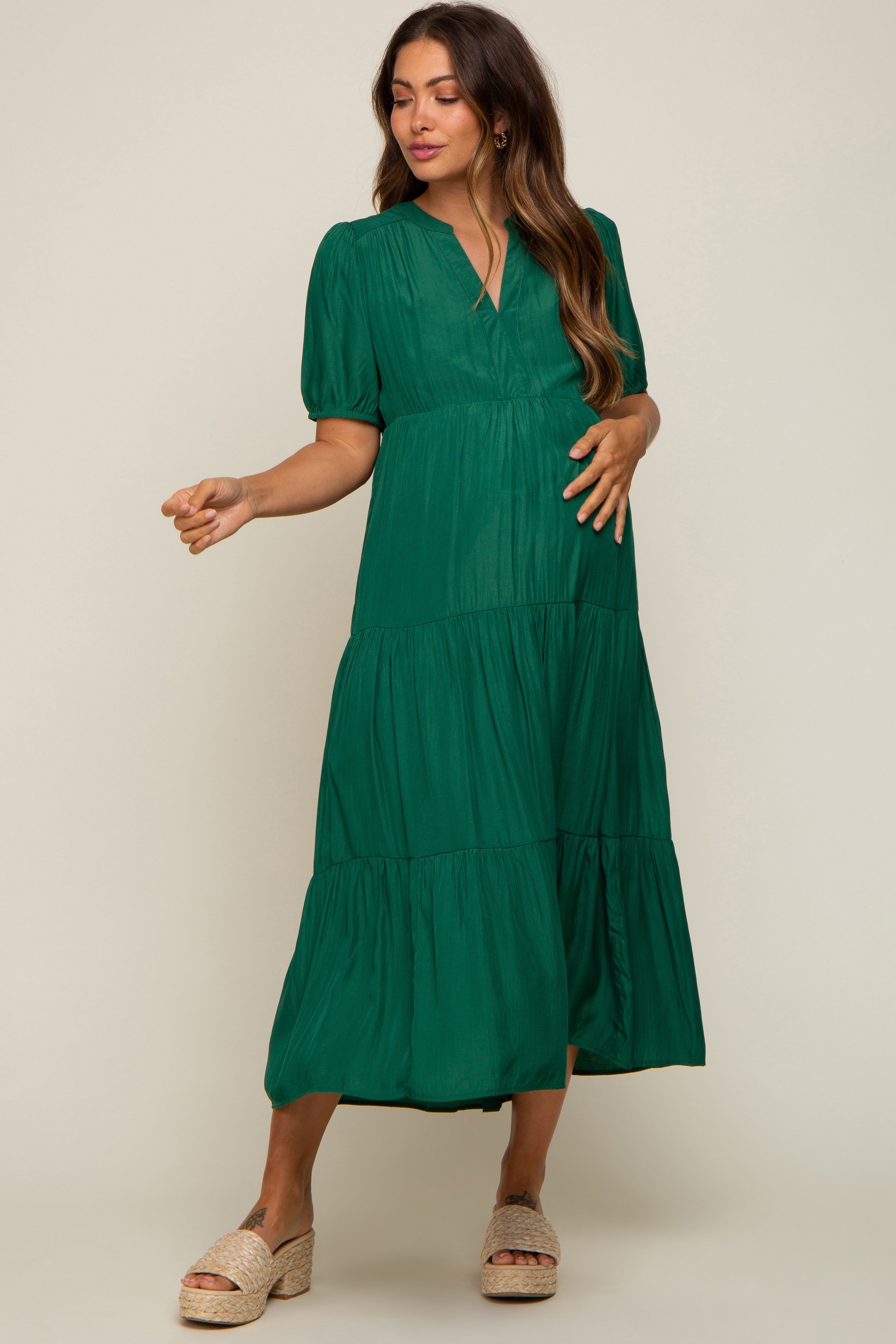 Green Tiered V-Neck Maternity Midi Dress sold by Pinkblush
