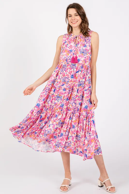 Magenta Floral Ruffle Mock Neck Tiered Sleeveless Midi Dress sold by Pinkblush