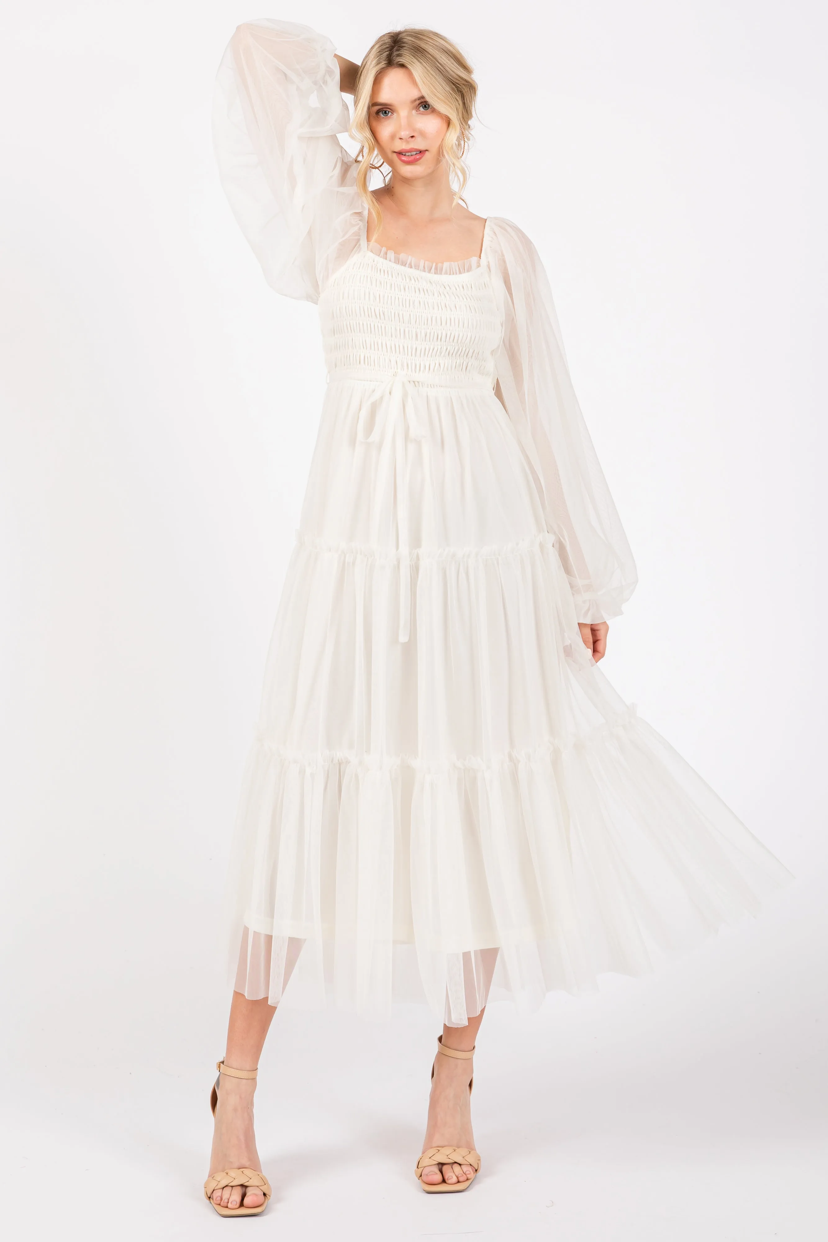 Cream Mesh Tiered Long Sleeve Maxi Dress sold by Pinkblush product image thumbnail 5