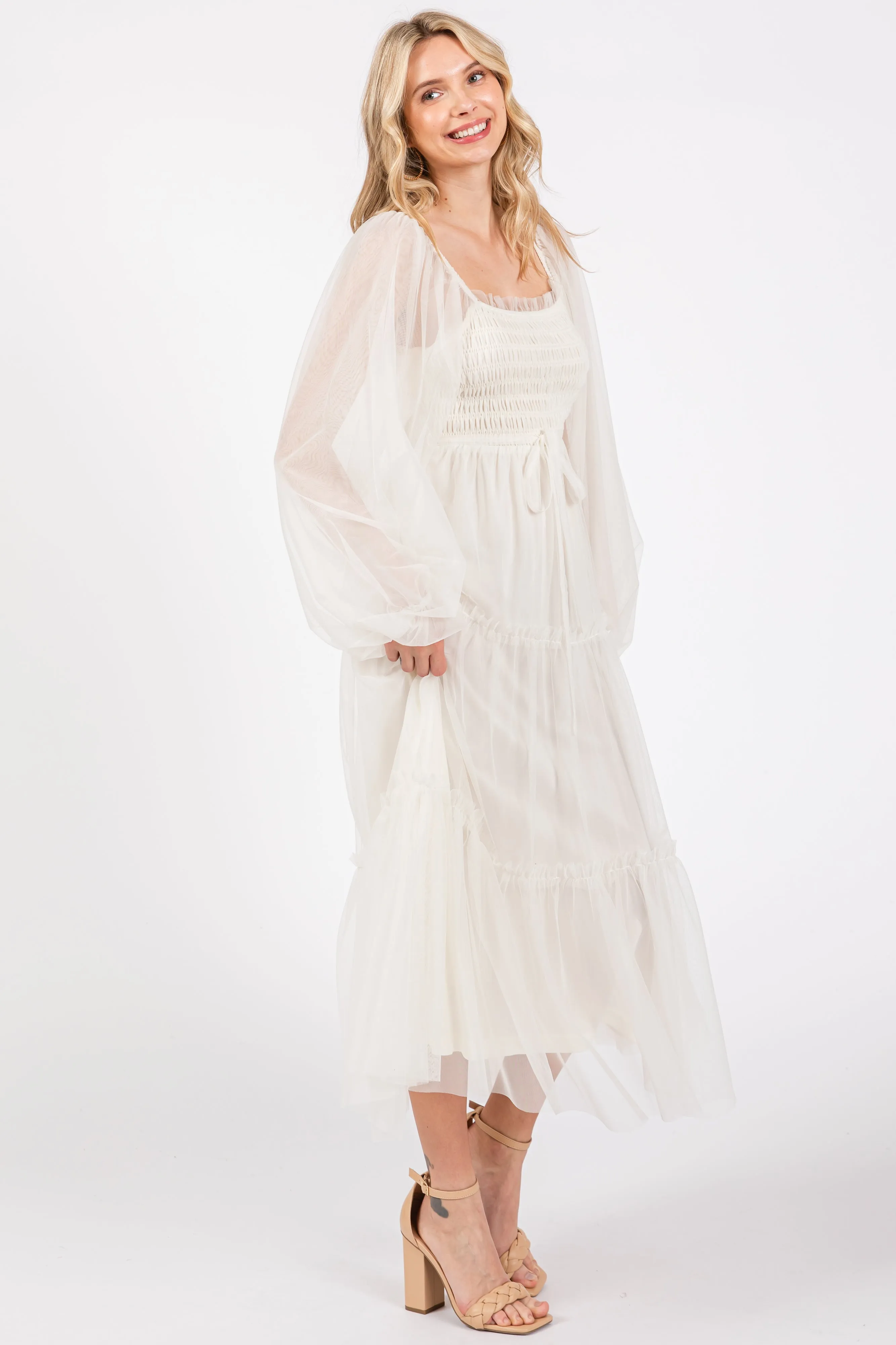 Cream Mesh Tiered Long Sleeve Maxi Dress sold by Pinkblush product image thumbnail 2