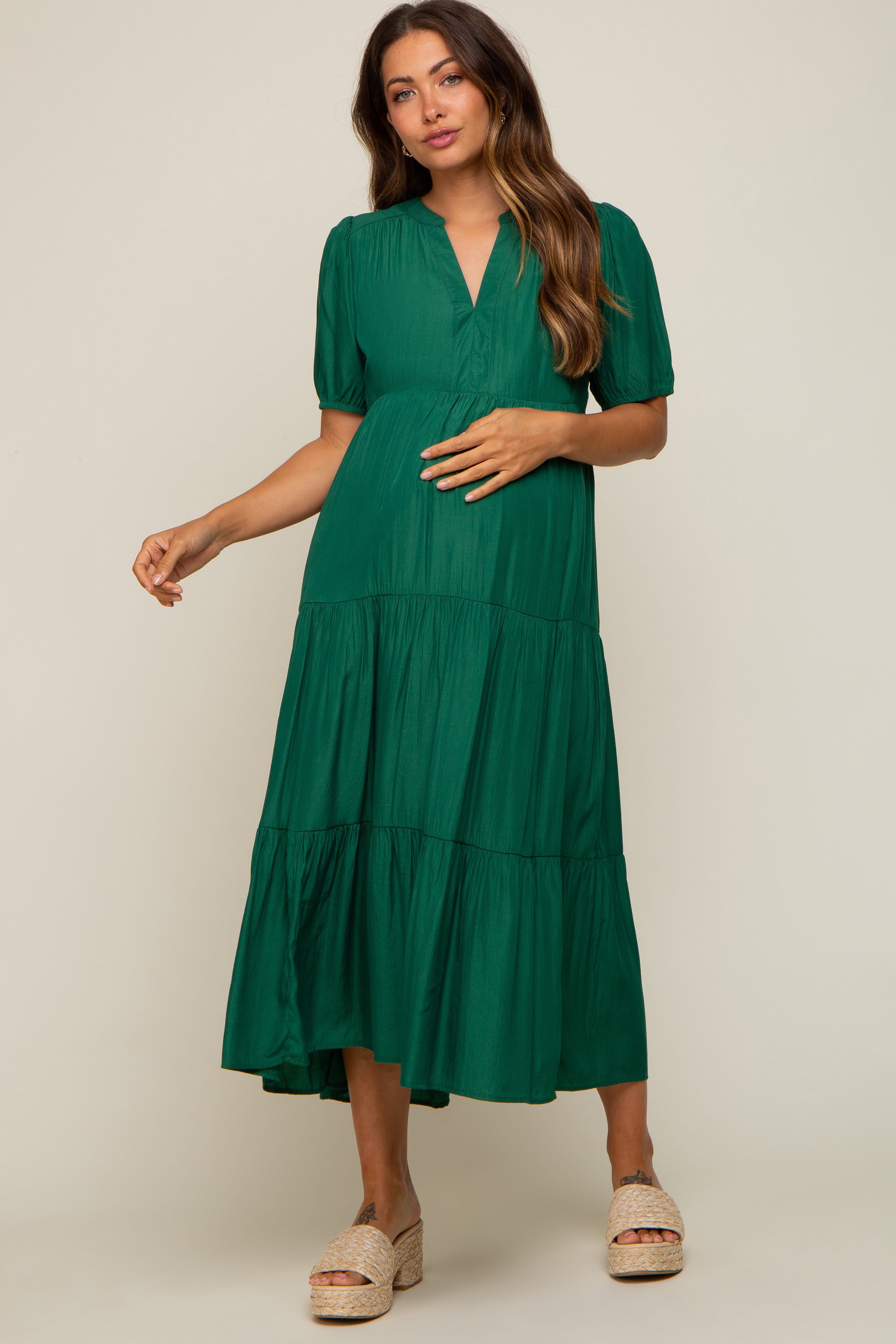 Green Tiered V-Neck Maternity Midi Dress sold by Pinkblush product image thumbnail 5