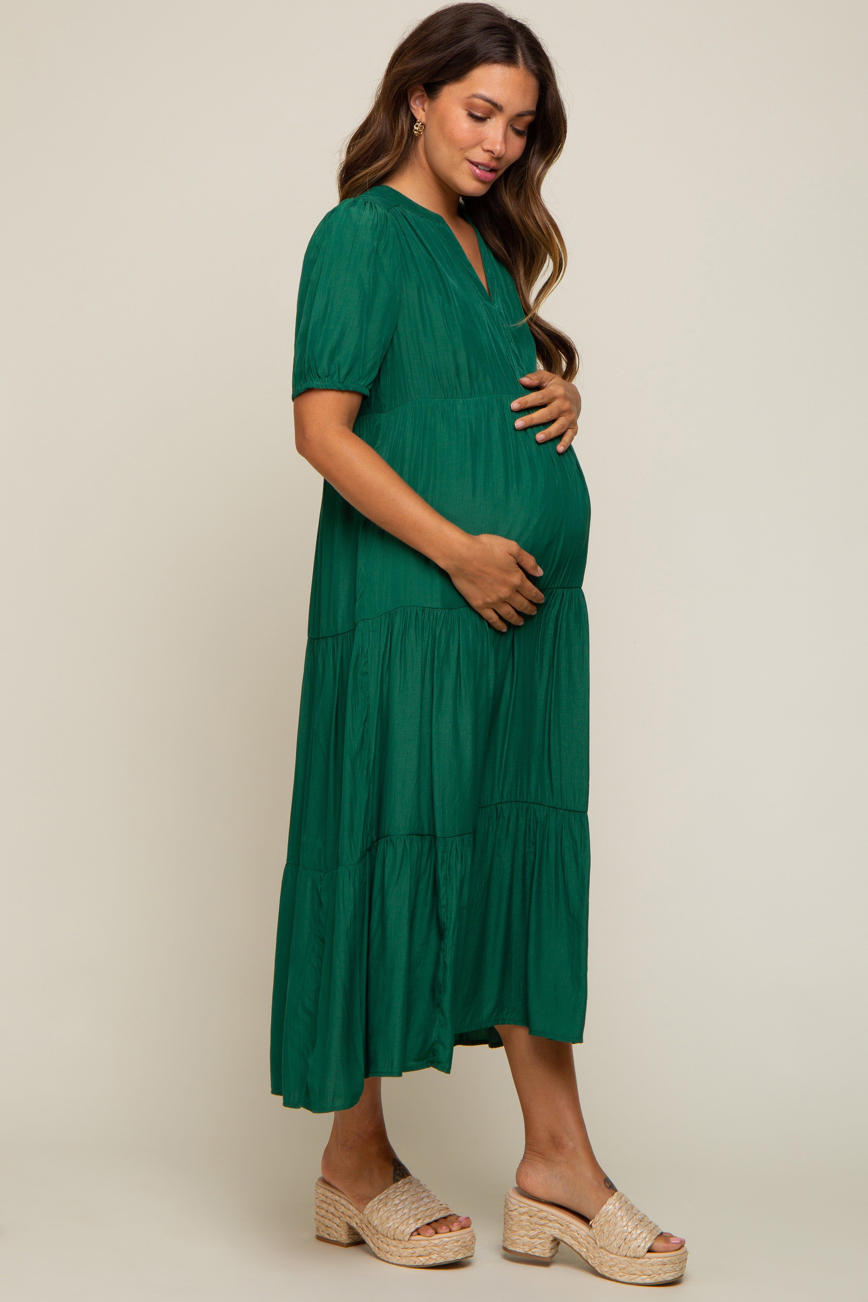Green Tiered V-Neck Maternity Midi Dress sold by Pinkblush product image thumbnail 2
