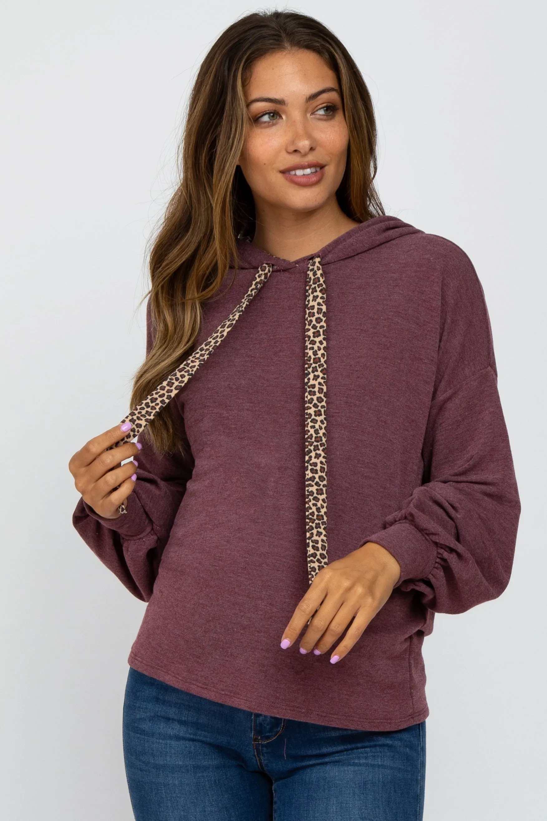 Plum Animal Print Drawstring Maternity Hooded Top sold by Pinkblush