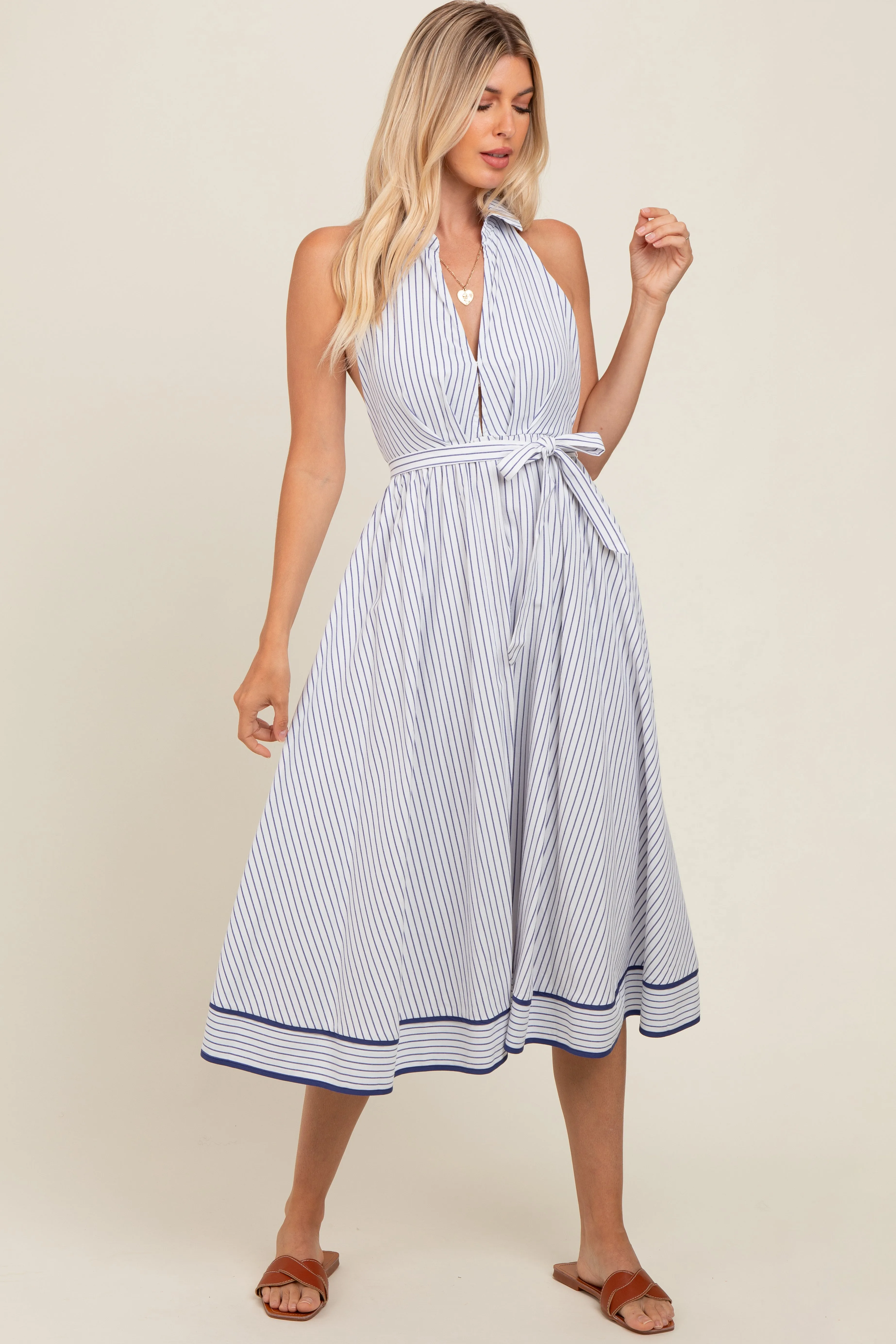 White Striped Halter Maternity Midi Shirt Dress sold by Pinkblush product image thumbnail 4