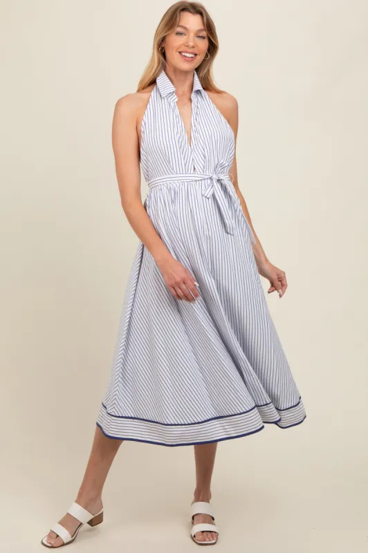 White Striped Halter Maternity Midi Shirt Dress sold by Pinkblush