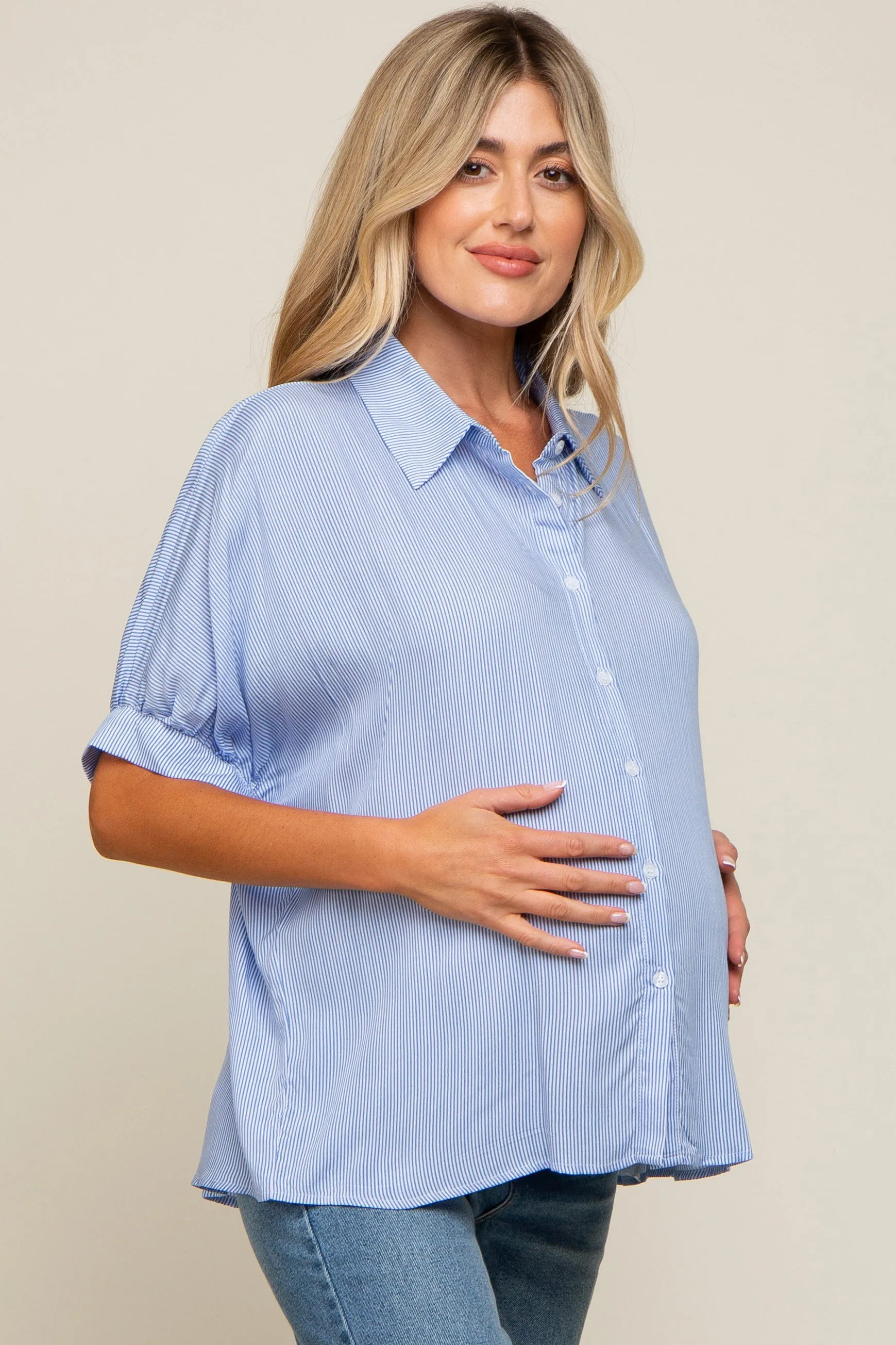 Blue Striped Button Front Collared Short Sleeve Maternity Top sold by Pinkblush product image thumbnail 2