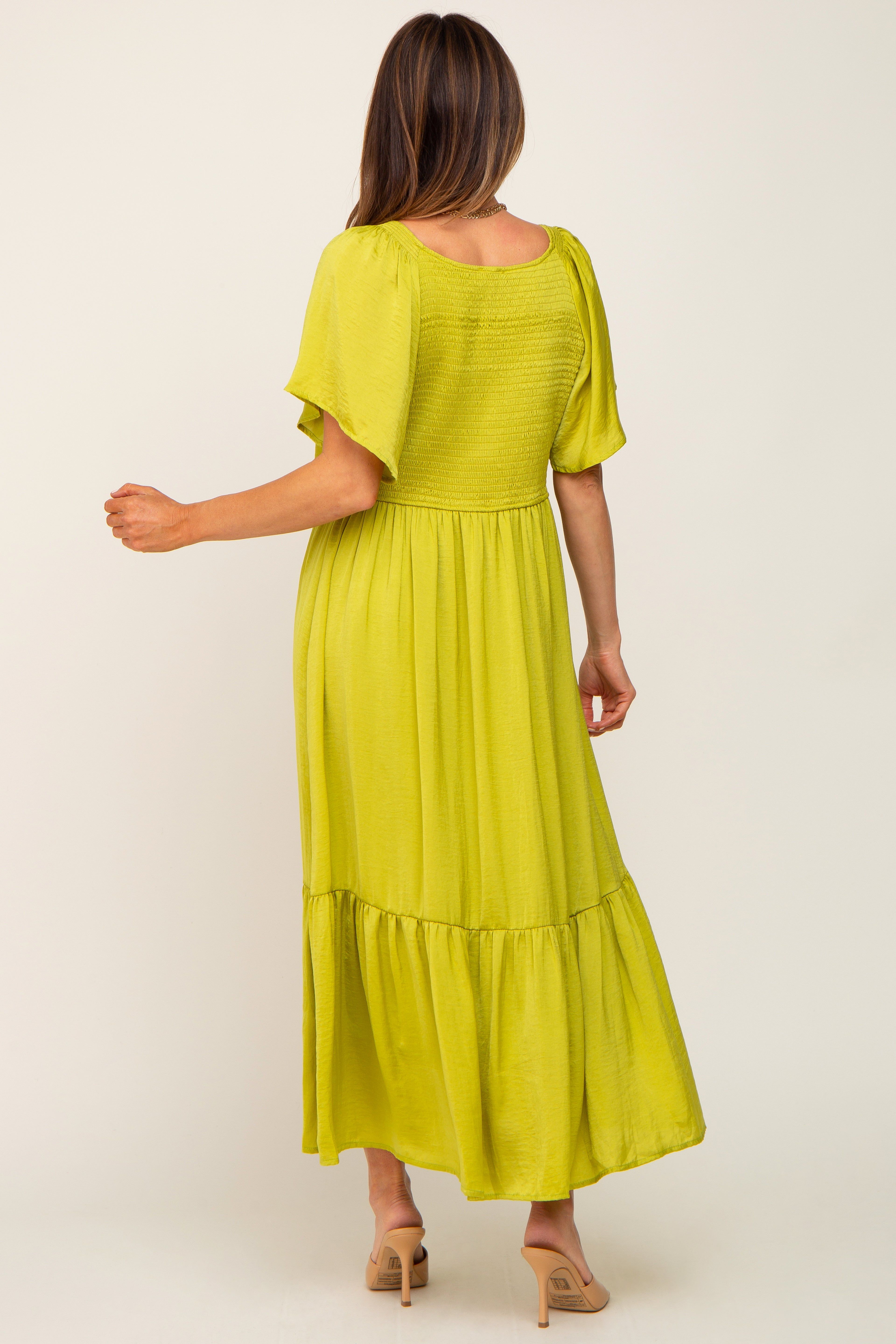 Green Satin Smocked Midi Dress sold by Pinkblush product image thumbnail 3