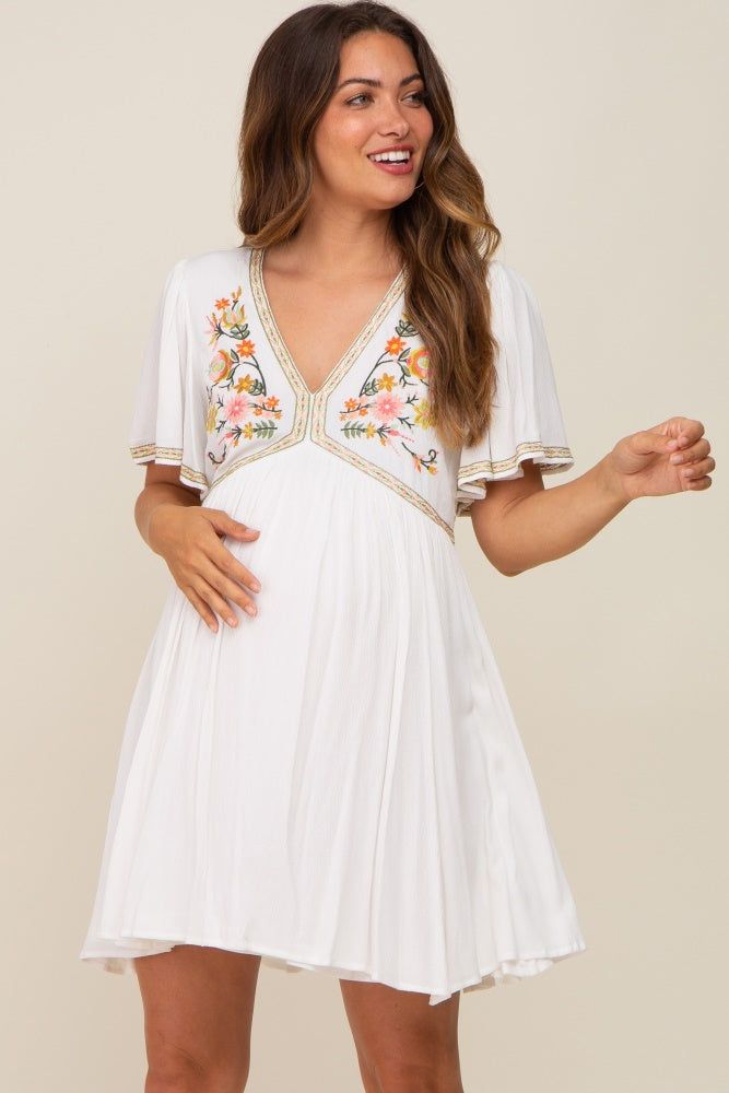 Ivory Embroidered V-Neck Maternity Dress sold by Pinkblush