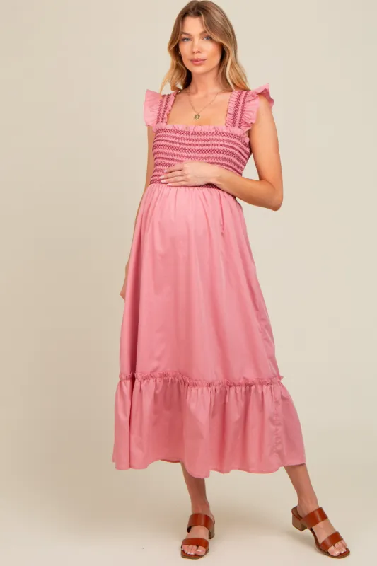 Mauve Contrast Stitch Smocked Ruffle Strap Maternity Midi Dress sold by Pinkblush