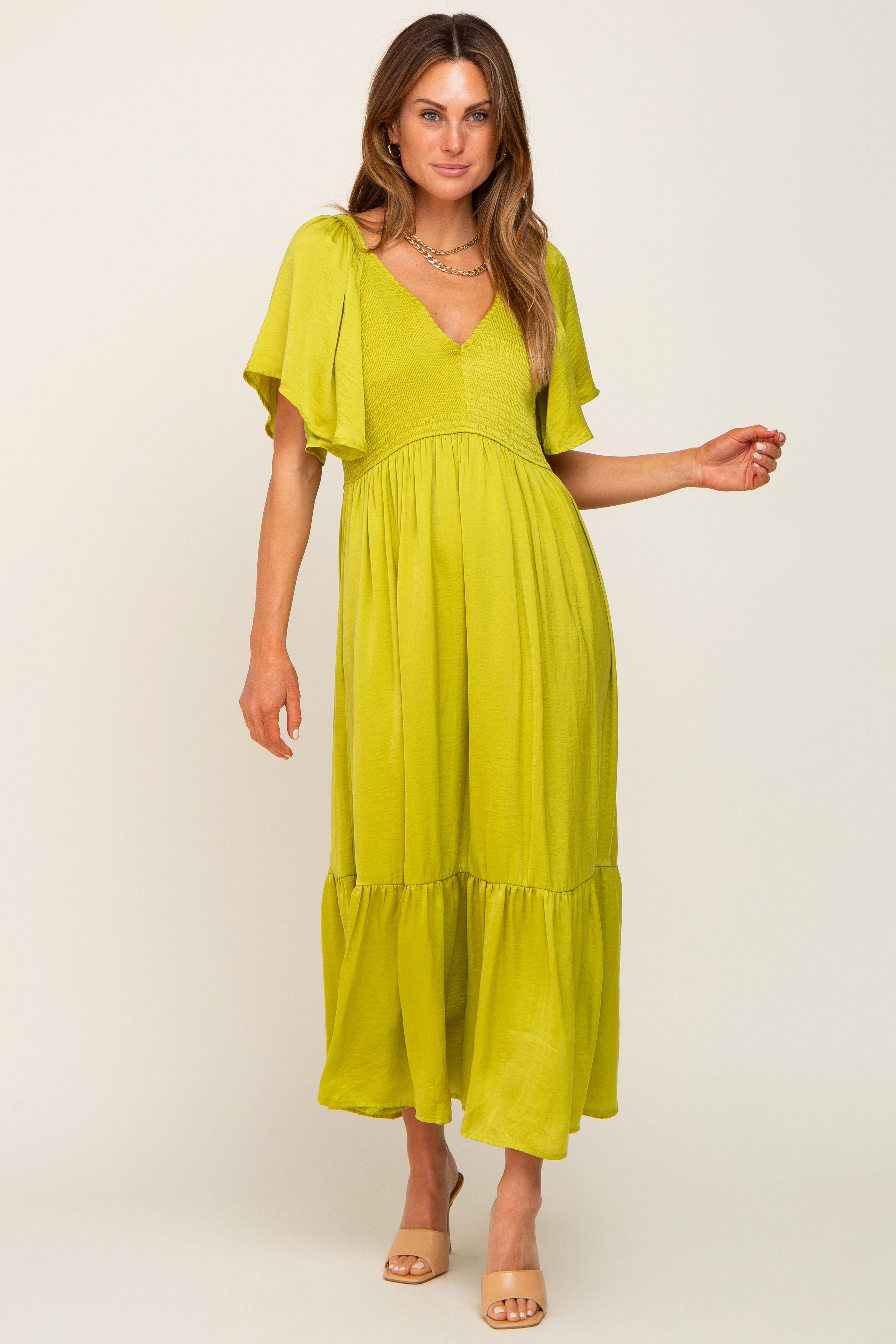 Green Satin Smocked Midi Dress sold by Pinkblush product image thumbnail 4