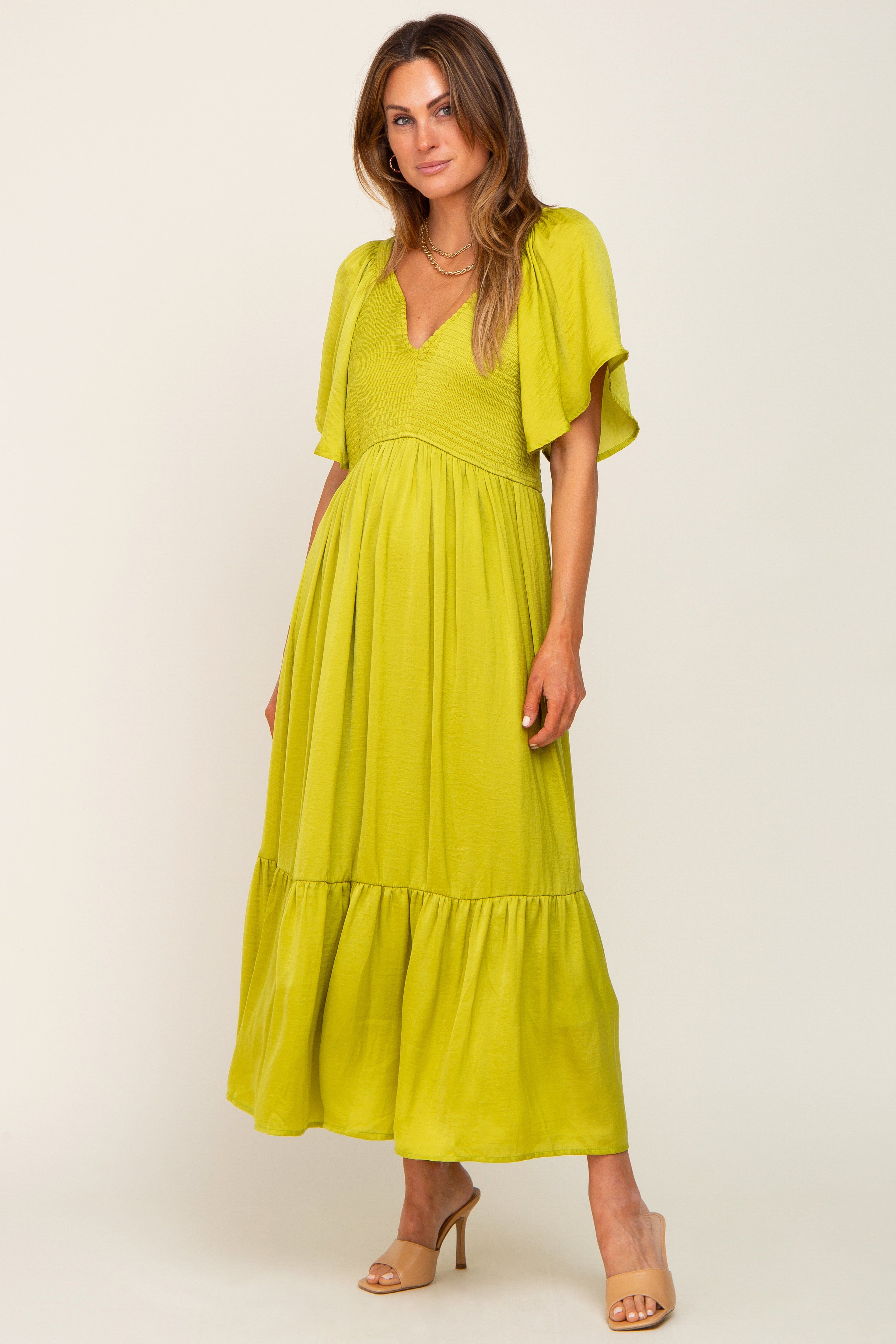 Green Satin Smocked Midi Dress sold by Pinkblush