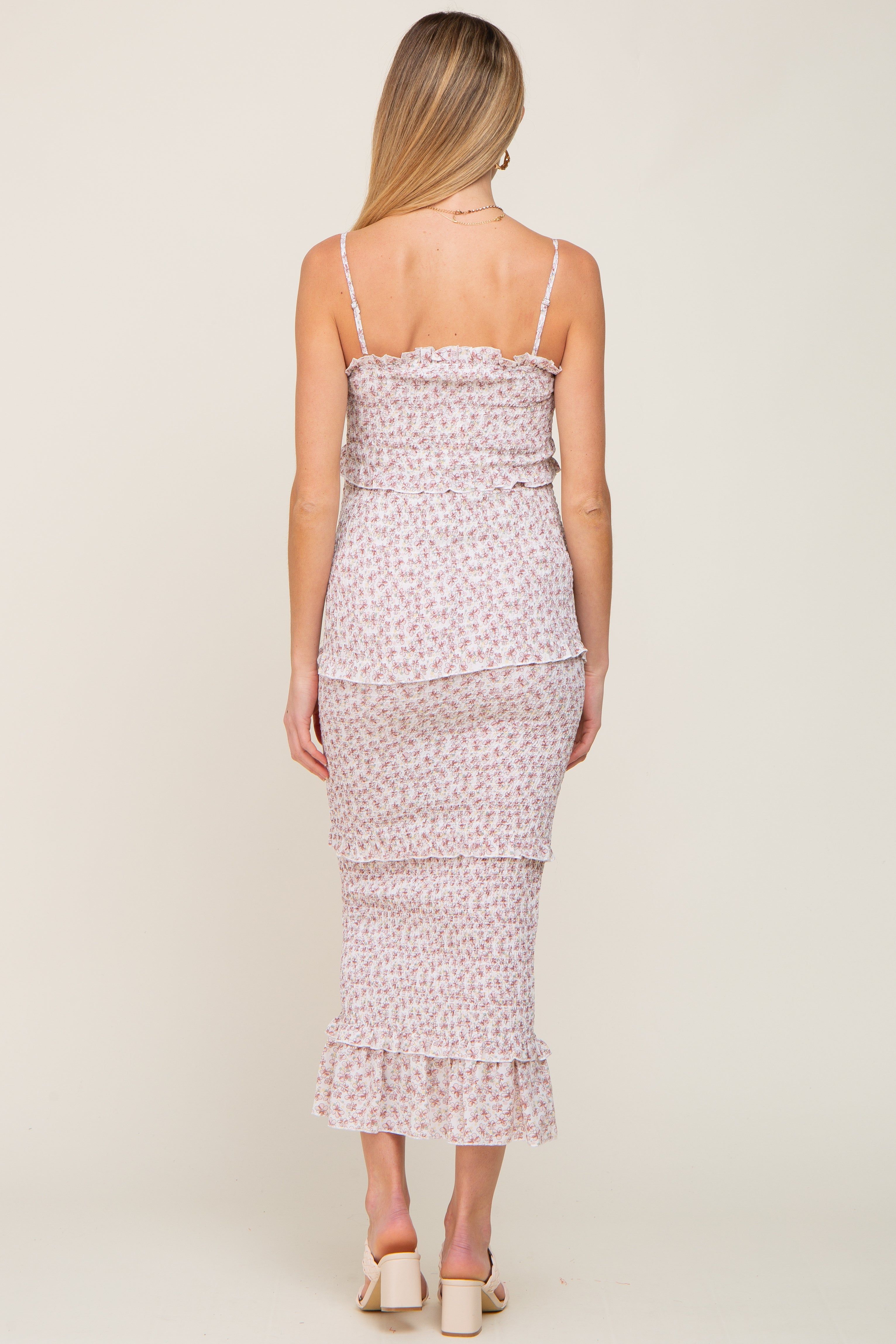 Pink Floral Chiffon Smocked Tiered Square Neck Maternity Midi Dress sold by Pinkblush product image thumbnail 3