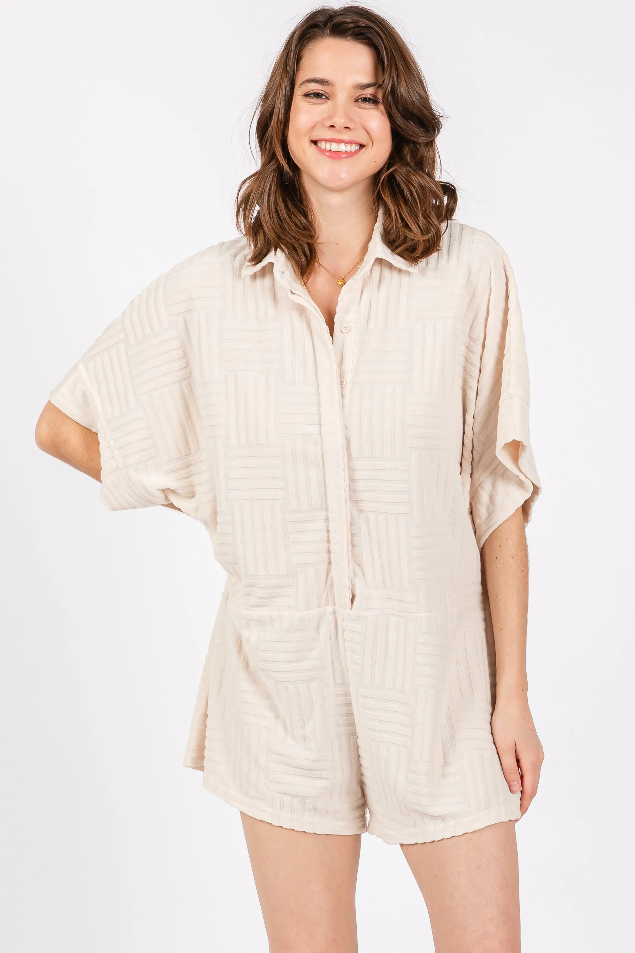Cream Textured Button Front Short Sleeve Maternity Romper sold by Pinkblush product image thumbnail 3
