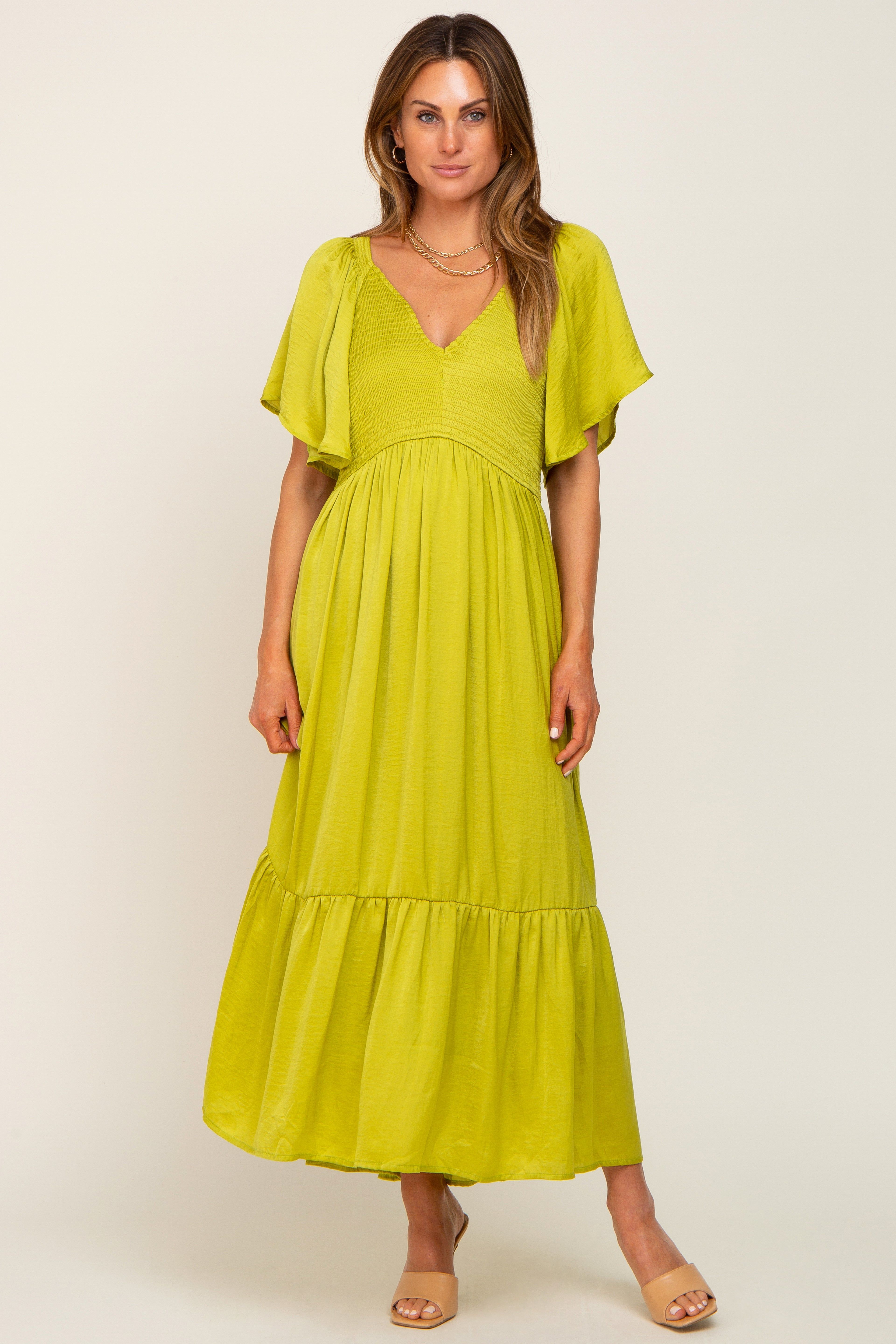 Green Satin Smocked Midi Dress sold by Pinkblush product image thumbnail 5